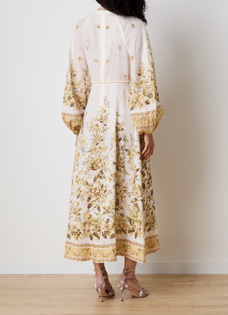 Zimmermann linen midi shirt dress with floral print and tie belt