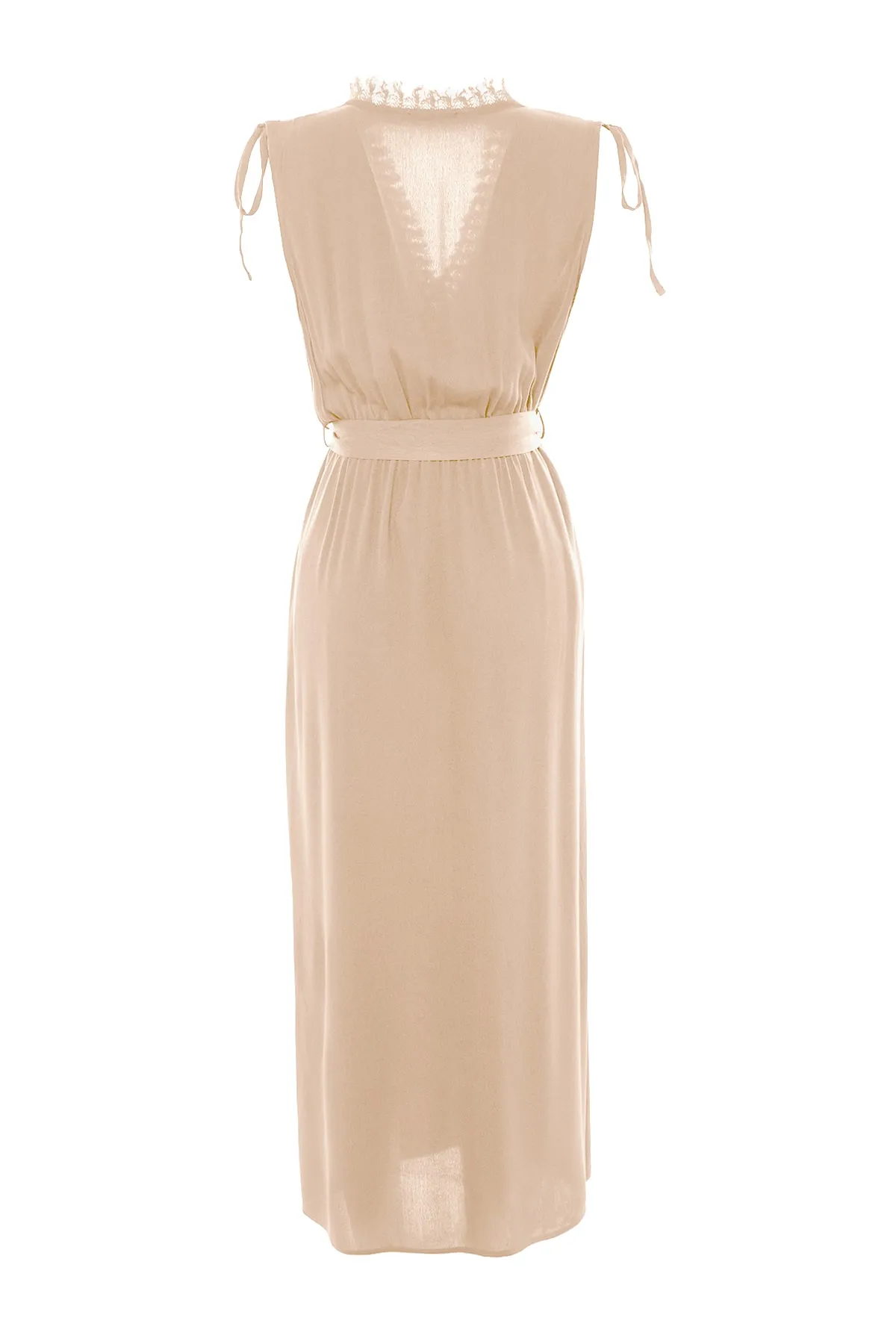 Trendyol Collection  Beigefarbenes Maxi-Strandkleid aus gewebter Spitze mit Gürtel TBESS23EL00074