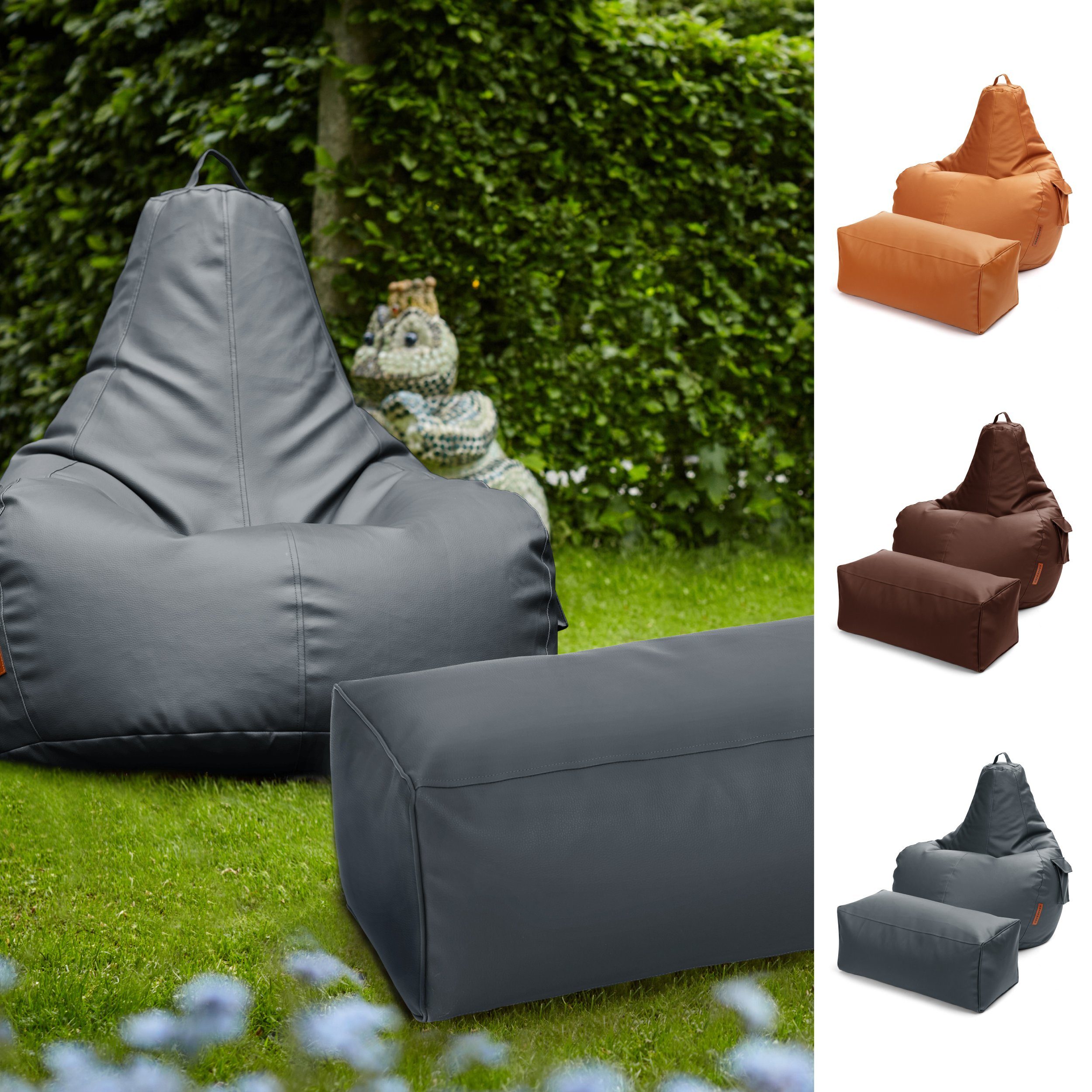 Green Bean Sitzsack Gaming mit Rückenlehne inkl. passenden Pouf (aus Kunstleder, Indoor und Outdoor geeignet), Couch Kissen Riesensitzsack Lounge Chair Hocker Bean Bag Kissen