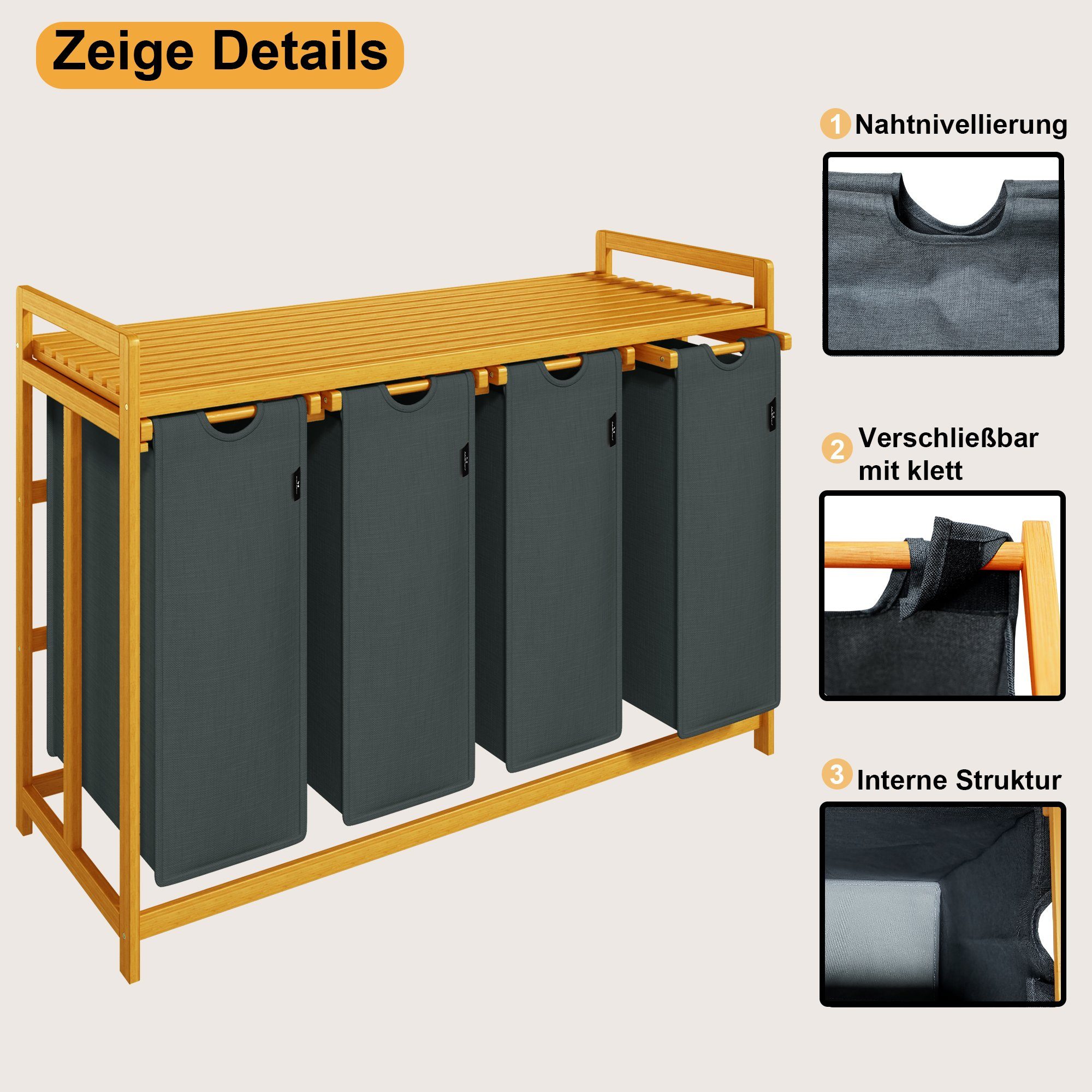AdelDream Wäschekorb mit Bambusrahmen,200 l, 4 Fächer,Wäschesortierer