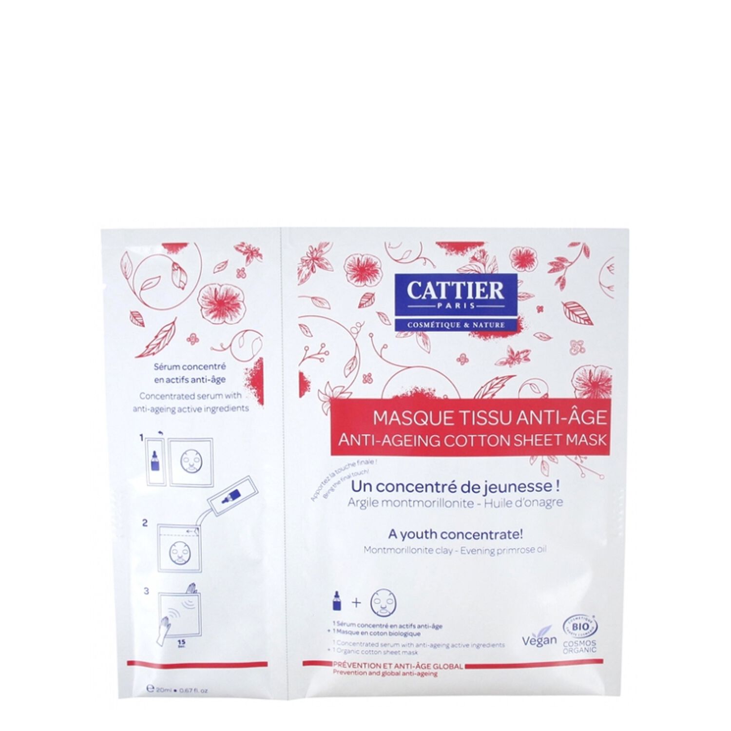 Cattier Masque Tissu Anti-Âge Sérum Concentré + Masque Coton 20 ml