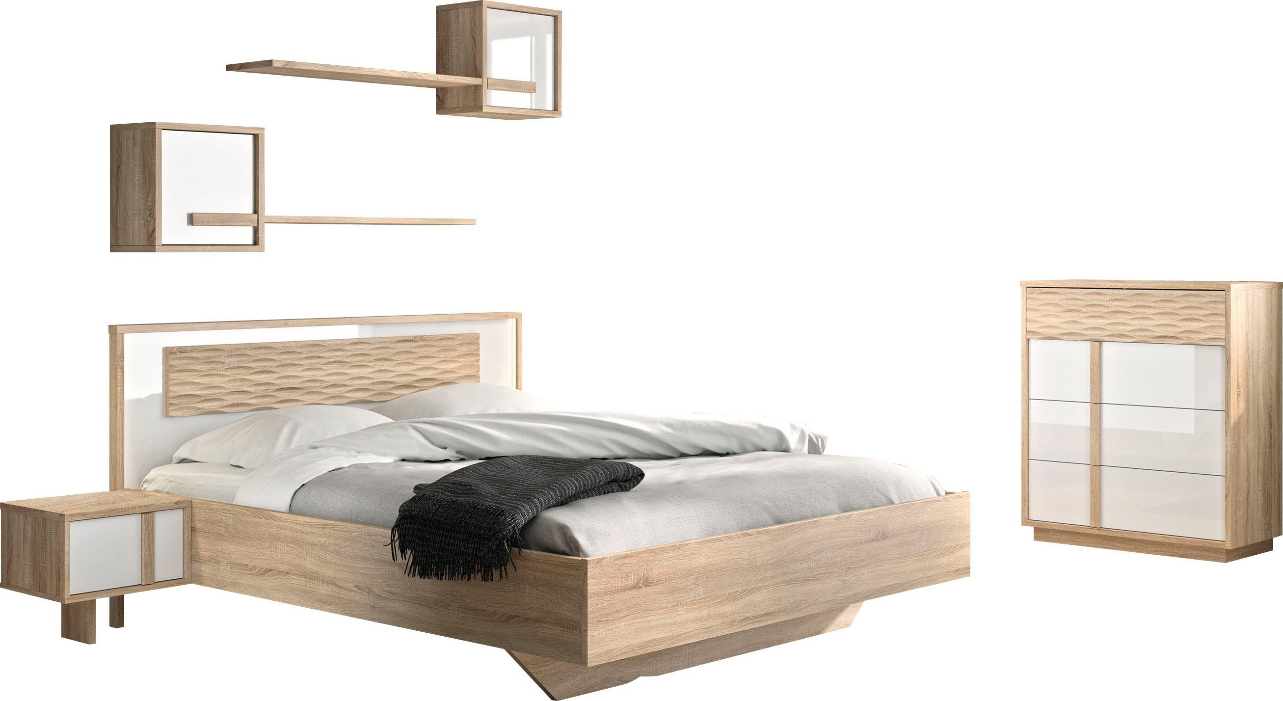 Gami Schlafzimmer-Set Curtys, (6-St., 1x Bett, 2x hängende Nachttische, 1x Kommode und 2x Wandregal)