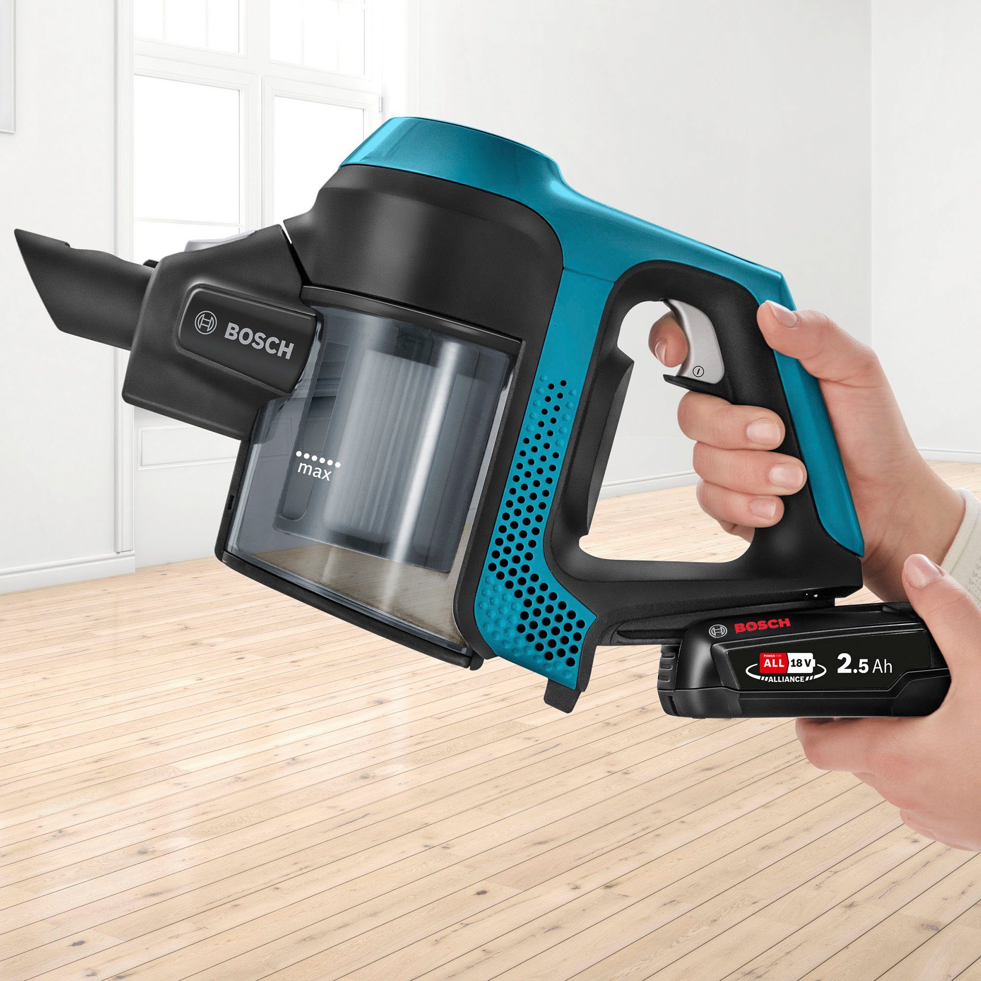 BOSCH Akku-Stielstaubsauger Unlimited Serie 6, schwarz, BKS6111P, beutellos, 18V Power for ALL Akku, inkl. Möbelpinsel