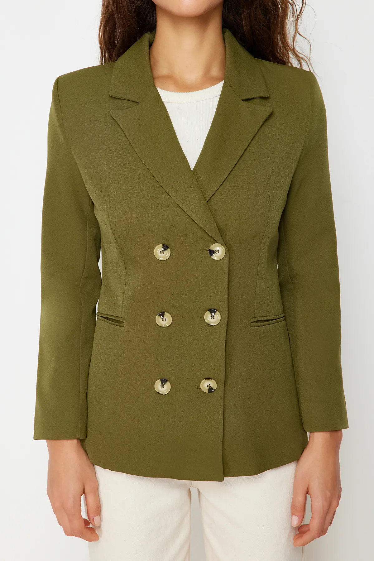 Trendyol Collection  Khakifarbene, gefütterte, zweireihige Blazerjacke aus Webstoff mit Knopfleiste TWOSS21CE0029