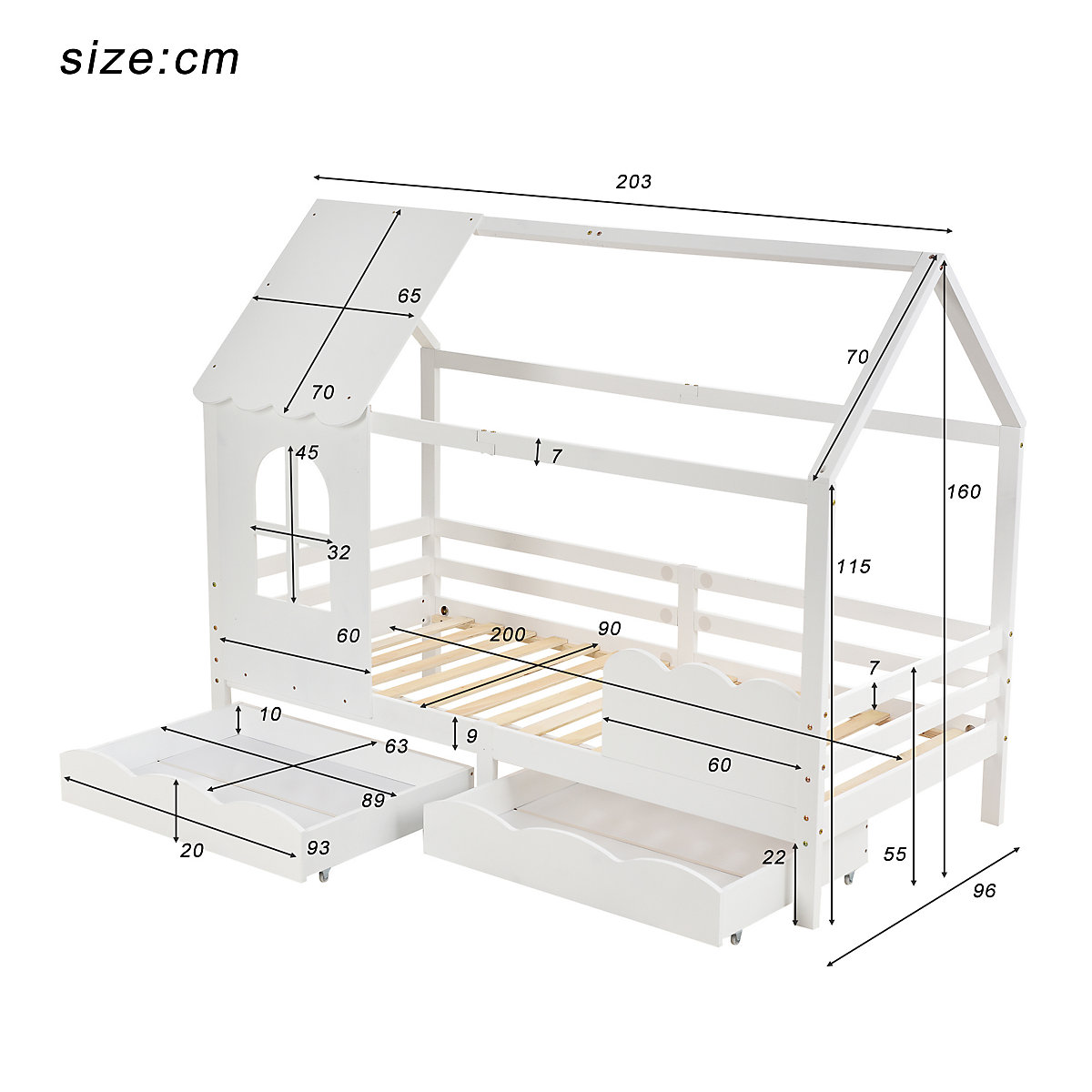 Hausbett 90x200 cm mit Schubladen und Rausfallschutz