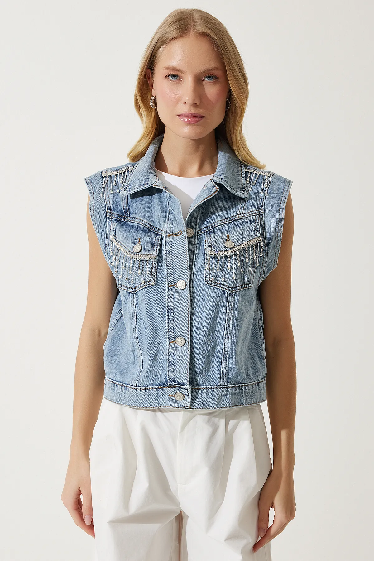 Happiness İstanbul  Blaue stilvolle Ketten-Jeansweste für Damen RV00180