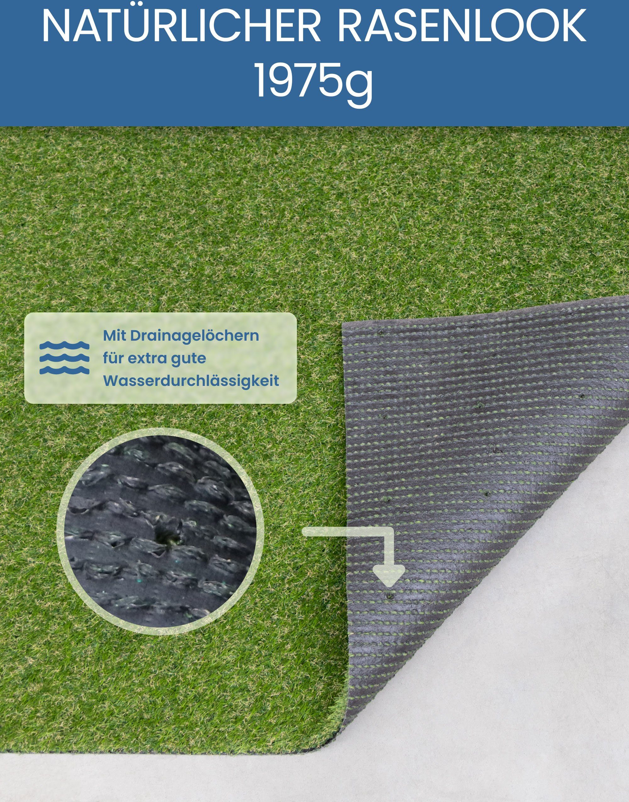 Kunstrasen WOODLAND, Primaflor-Ideen in Textil, rechteckig, Höhe: 29 mm, realistische Optik, mit Noppen, ideal für Balkon & Terrasse