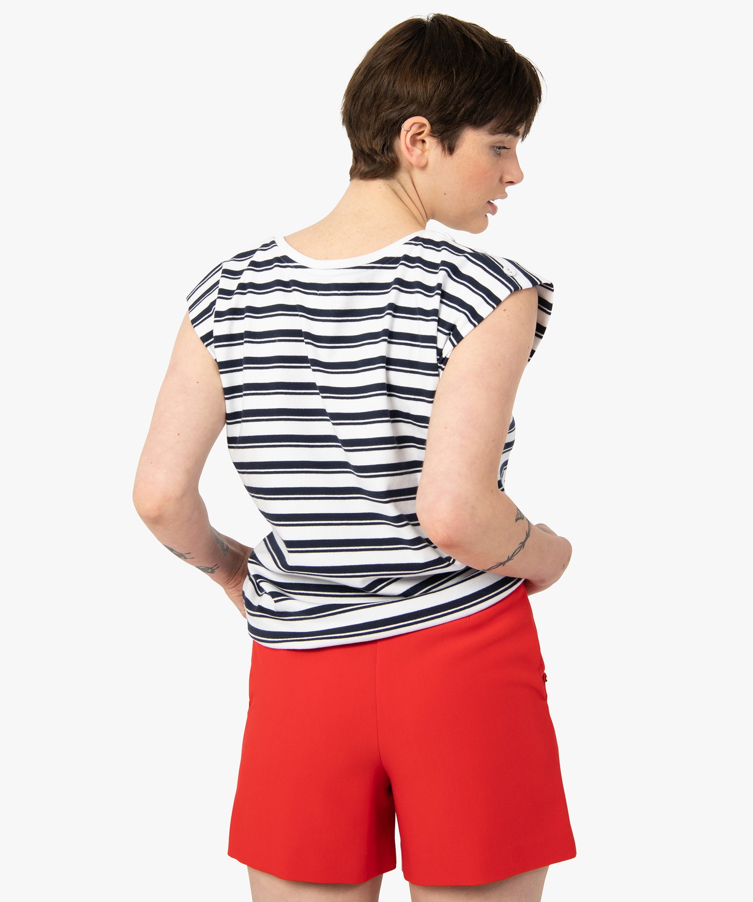 Tee-shirt femme rayé sans manches à épaulettes raye | GEMO