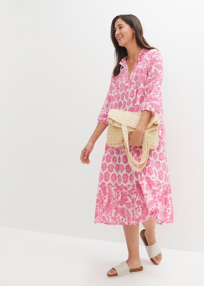 Crincle- Baumwollmidikleid mit Taschen und 3/4- Arm
