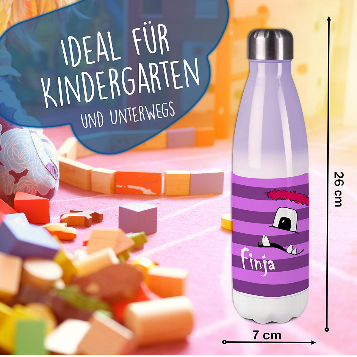 Edelstahl Kinder Thermoflasche / Trinkflasche bunt Monster Streifen Farbe lila Spülmaschinenfest, Auslaufsicher, Bruchfest, Doppelwandig, Für Heißgetränke geeignet, Mit Deckel, Isoliert