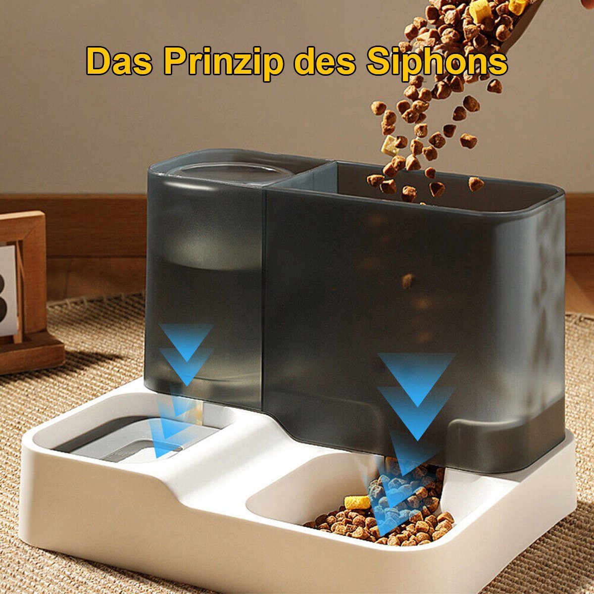 flowgoer Nager-Futterhaus Automatischer Trinkbrunnen für Hunde und Katzen Futterspender 2in1, Siphon-Prinzip,Leicht zu reinigen,Große Kapazität