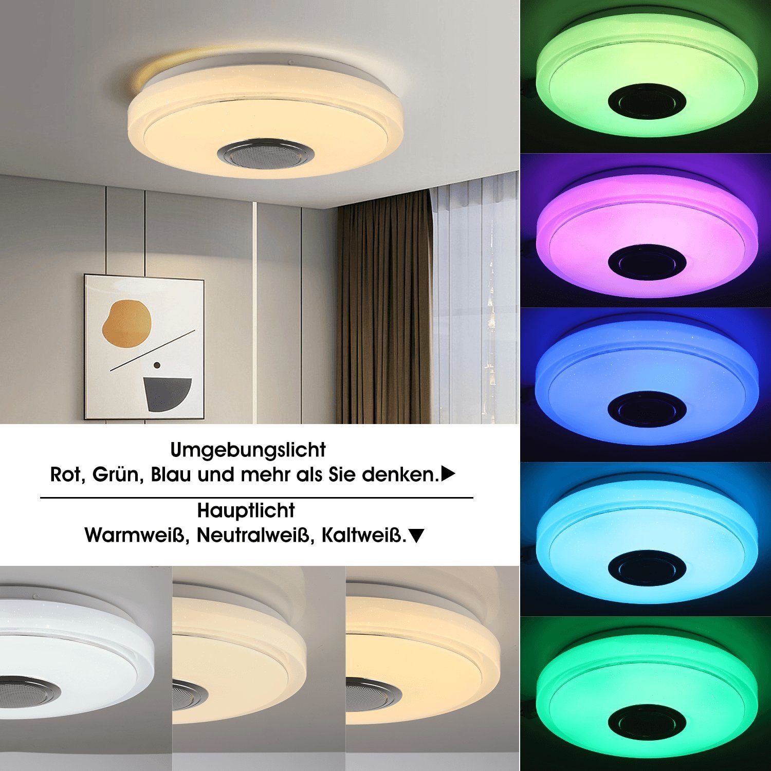 oyajia Deckenleuchte LED Deckenlampe mit Bluetooth Lautsprecher, RGB Dimmbar, LED fest integriert, RGB/Kaltweiß/Naturweiß/Warmweiß, Dimmbar mit Fernbedienung oder APP, für Schlafzimmer Küche Wohnzimmer