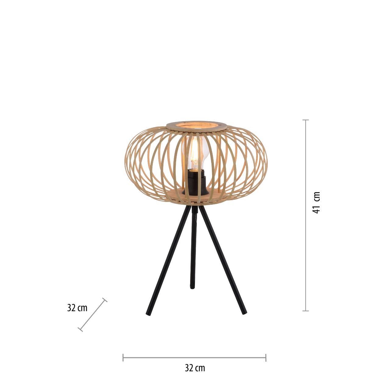 JUST LIGHT LeuchtenDirekt Tischleuchte RACOON, 1-flammig, E27, Dreibein-Stativ, Bambus-Schirm, Ø32cm, Holz-natur, IP20