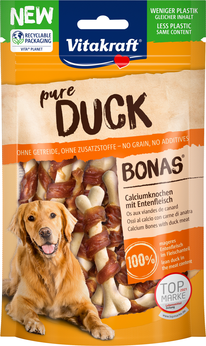 Hundeleckerli Calciumknochen mit Ente, Bonas pure duck, Adult, 80 g