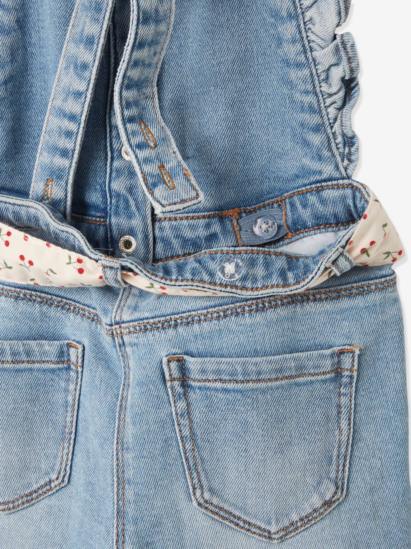 Salopette en jean à bretelles volantées fille denim bleached