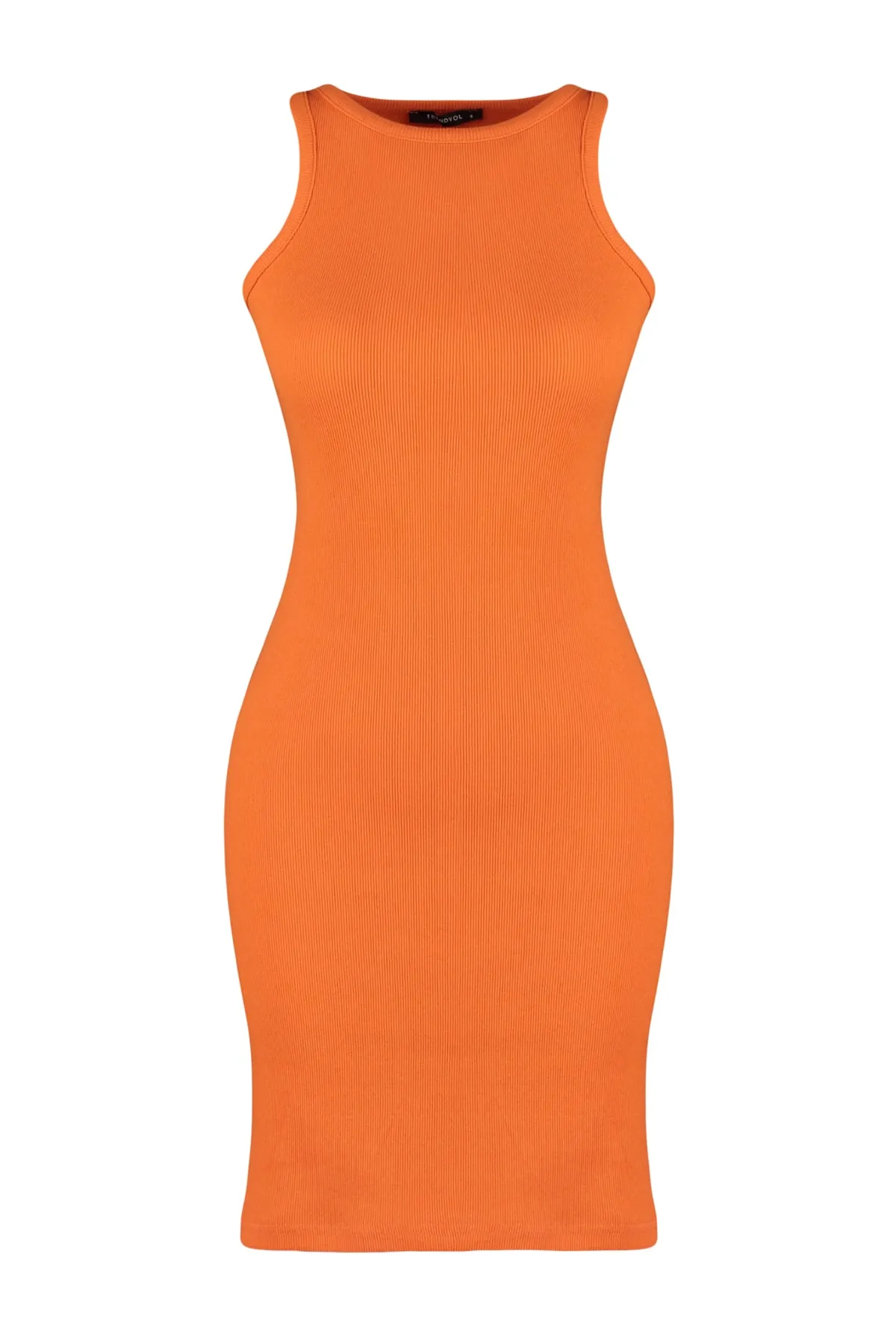 Trendyol Collection  Oranges geripptes Bodycone/tailliertes Neckholder-Mini-Bleistiftkleid aus flexiblem Strick TWOSS23EL00303