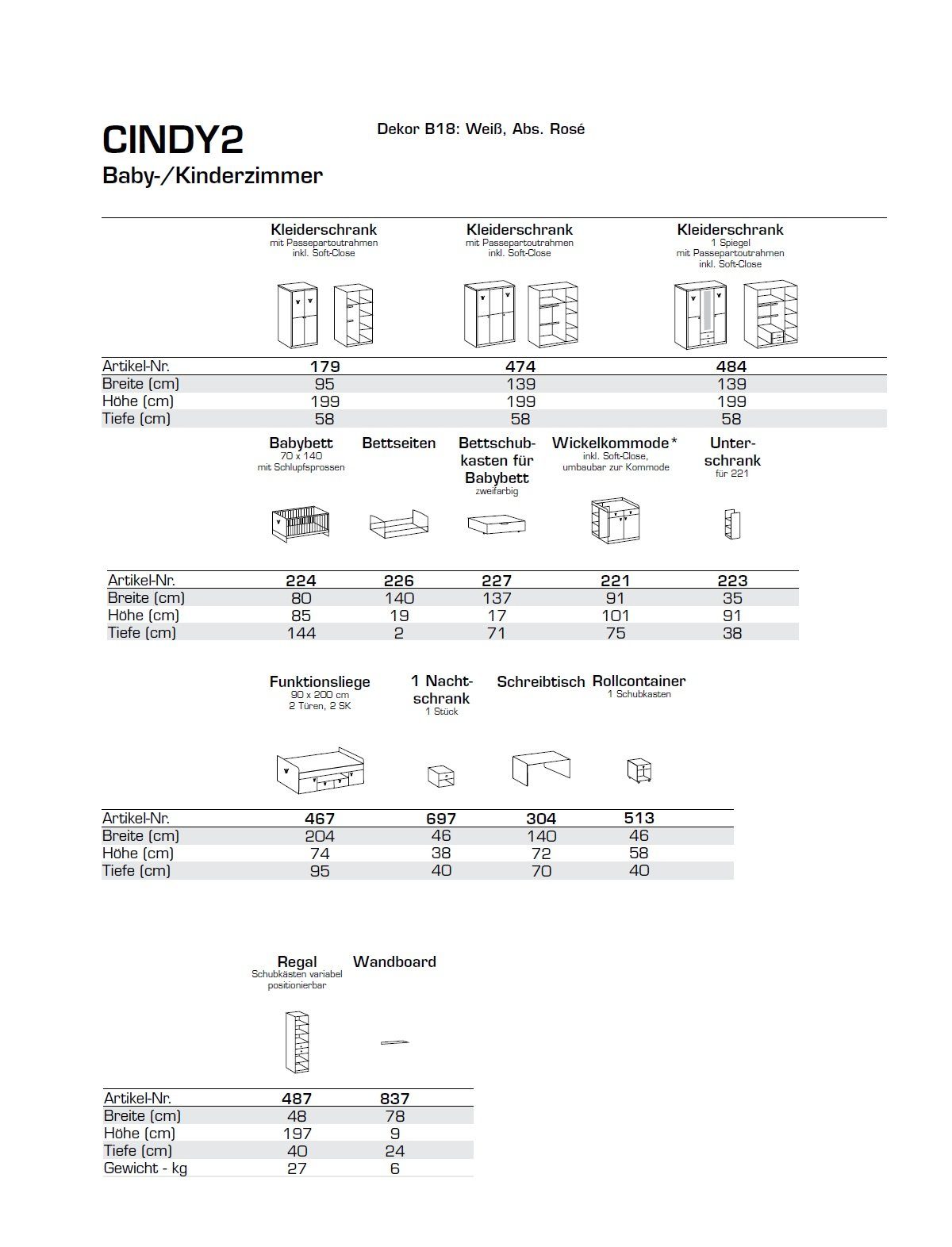 möbel-direkt.de Babyzimmer-Komplettset Cindy, (Komplett Set, 7-St., in verschiedenen Ausführungen), Made in Germany, Soft Close, Prinzessinnenzimmer