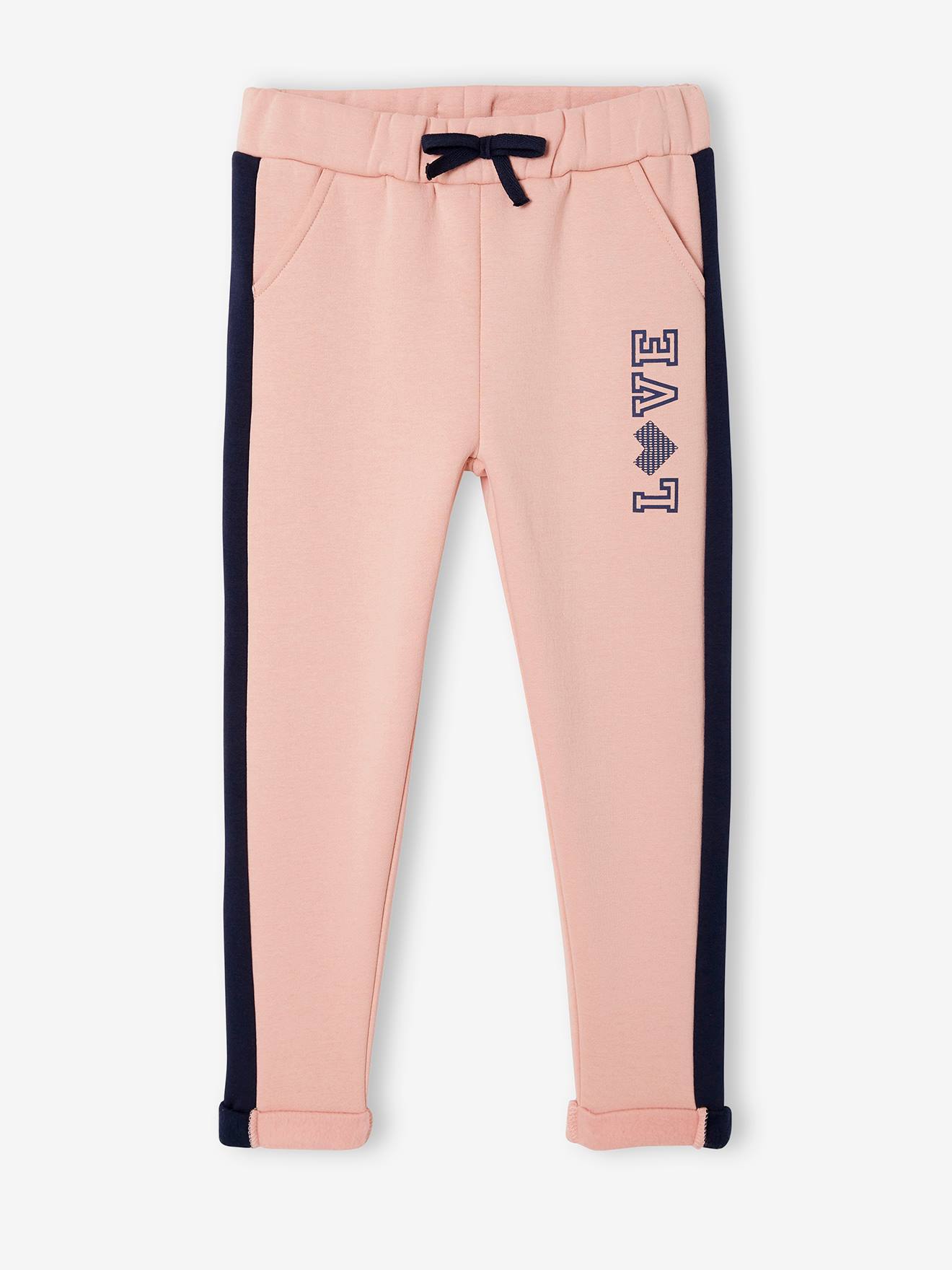 Pantalon de sport fille en molleton bandes côtés prune