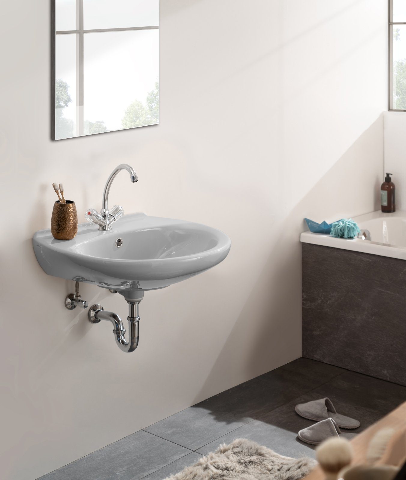 aquaSu Waschbecken (Hänge-Waschtisch oder Aufsatz-Waschtisch, 1-St., Waschbecken mit Überlauflaufschutz), 60 cm, Keramik, Manhattan-Grau, Überlaufschutz, 561341