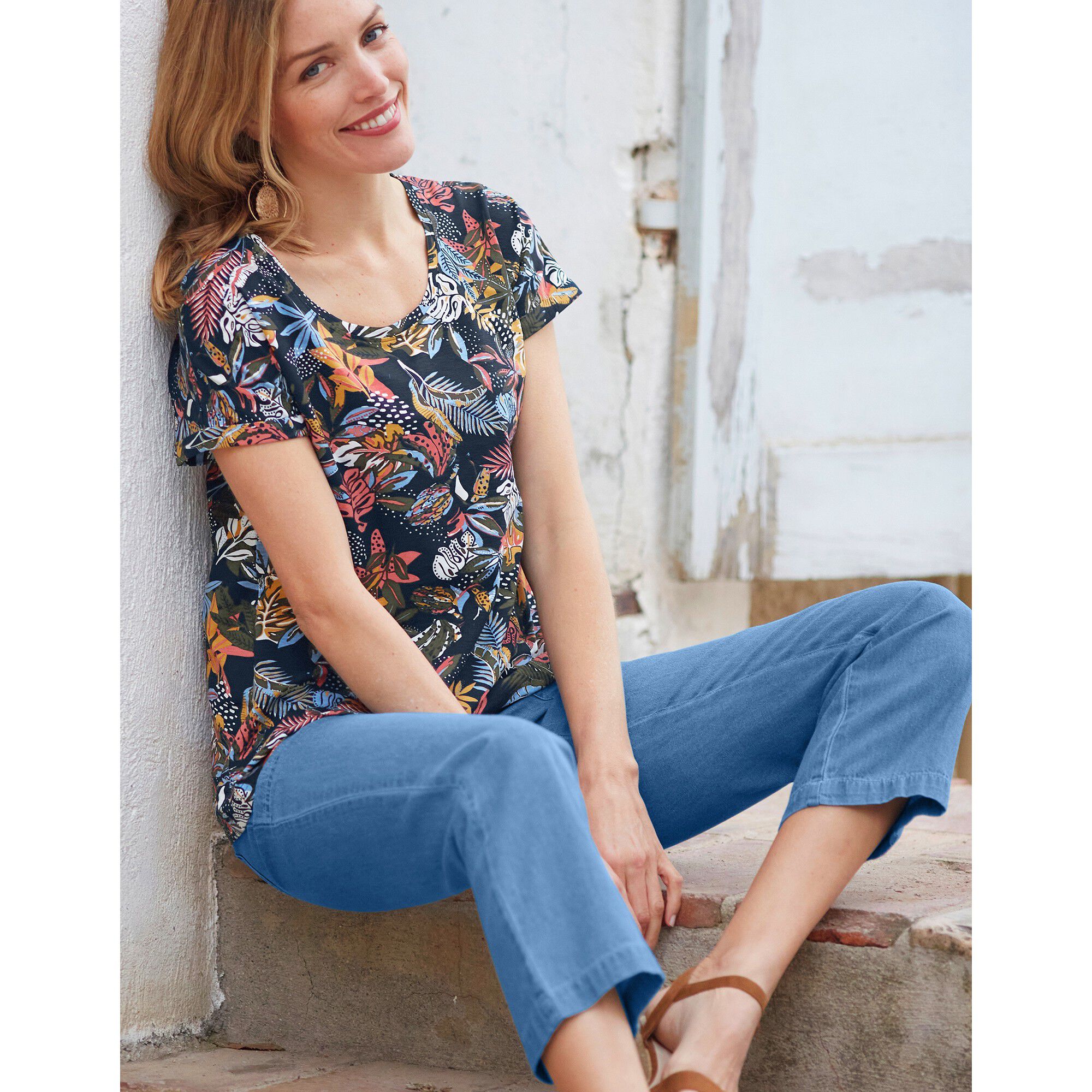Pantalon coupe droite 7/8ème taille élastiquée, denim