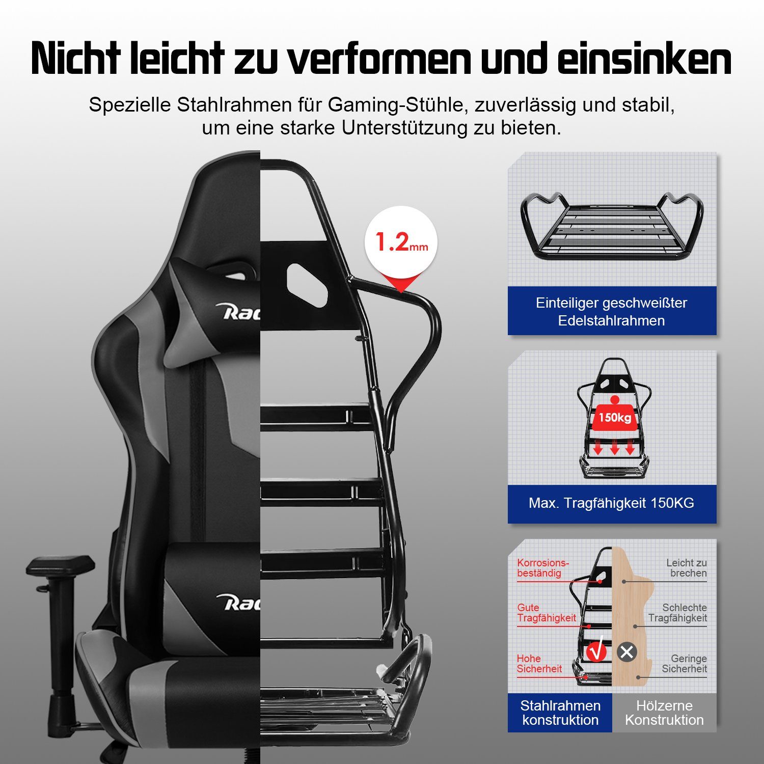 Authmic Gaming-Stuhl Gaming Stuhl, Bürostuhl (Ergonomischer Schreibtischstuhl (mit verstellbare Kopfstütze und Lendenwirbelstütze, Computerstuhl mit Lendenkissen,Gamer Stuhl Wippfunktion 90°-165°, PC Gamer Racing Stuhl bis 150kg)