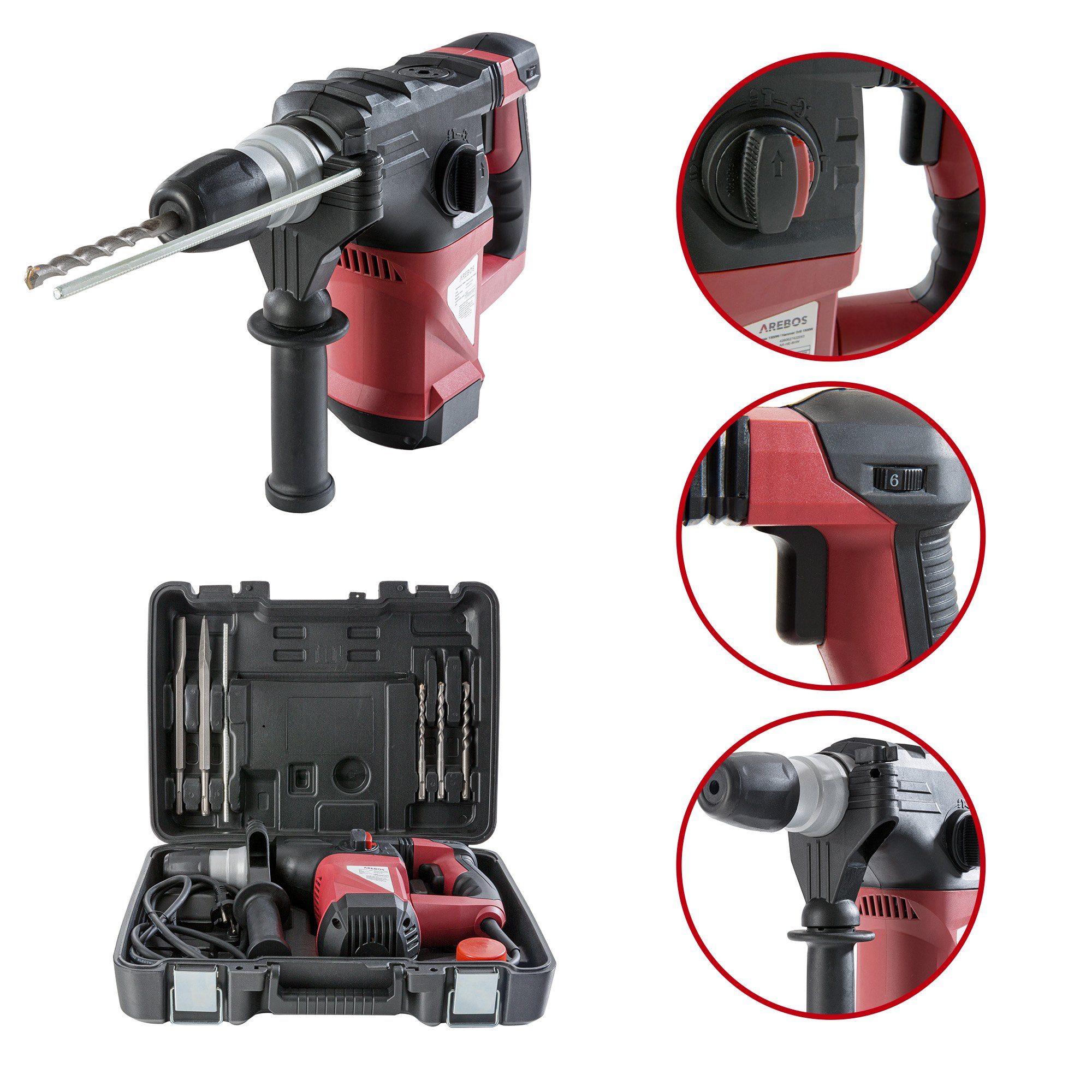 Arebos Bohrhammer Schlagbohrer 3-in-1 1500 W, 230 V, max. 4300,00 U/min, Produktabmessungen : 39.5 x 34 x 25.8 cm, 1500 Watt