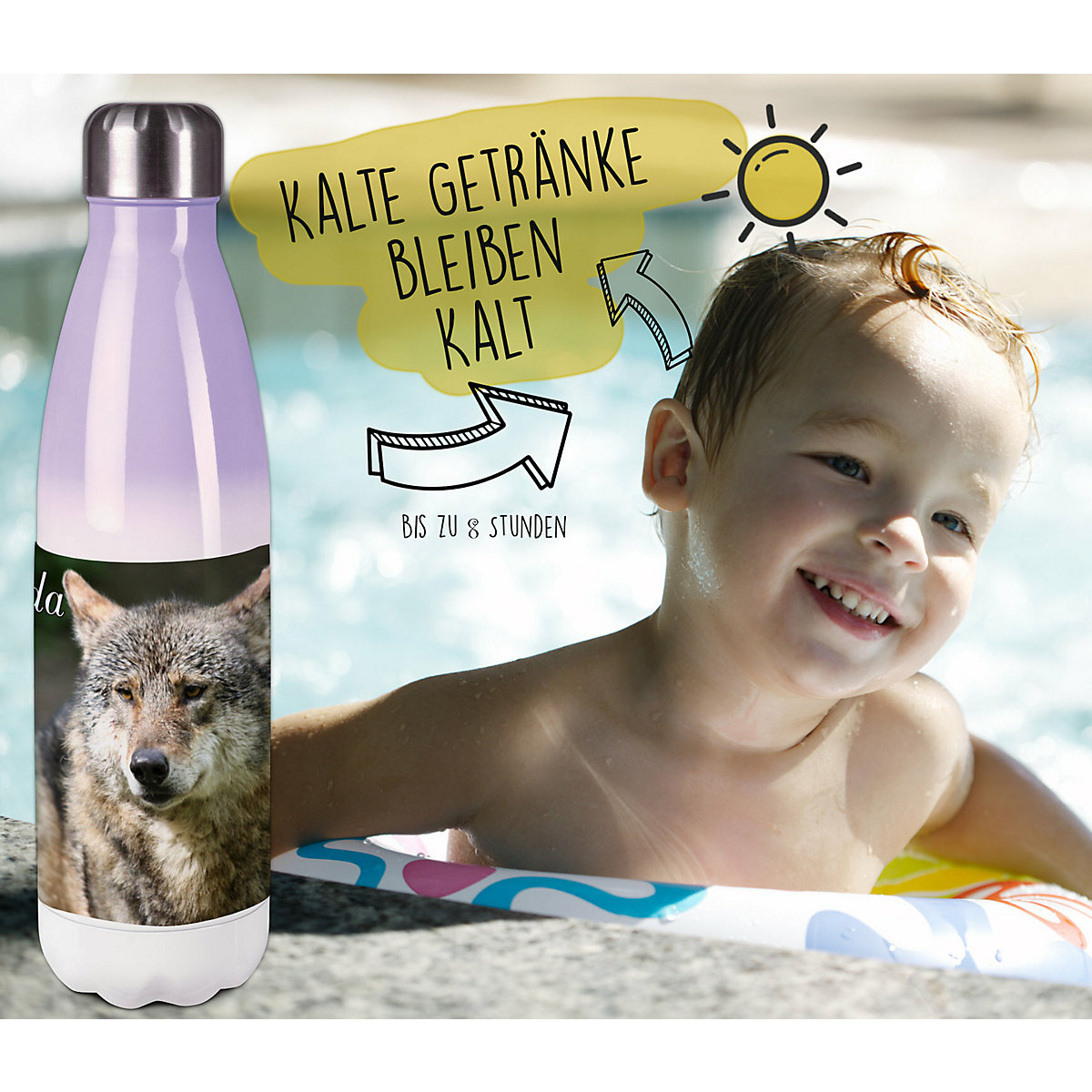 Edelstahl Kinder Thermoflasche / Trinkflasche bunt Wolf Spülmaschinenfest, Auslaufsicher, Bruchfest, Doppelwandig, Für Heißgetränke geeignet, Mit Deckel, Isoliert