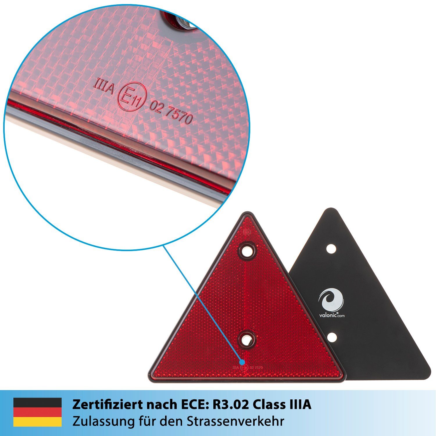 valonic Motorradanhänger Dreieckrückstrahler, Anhängerreflektor, E11 Prüfzeichen, 2 Stück