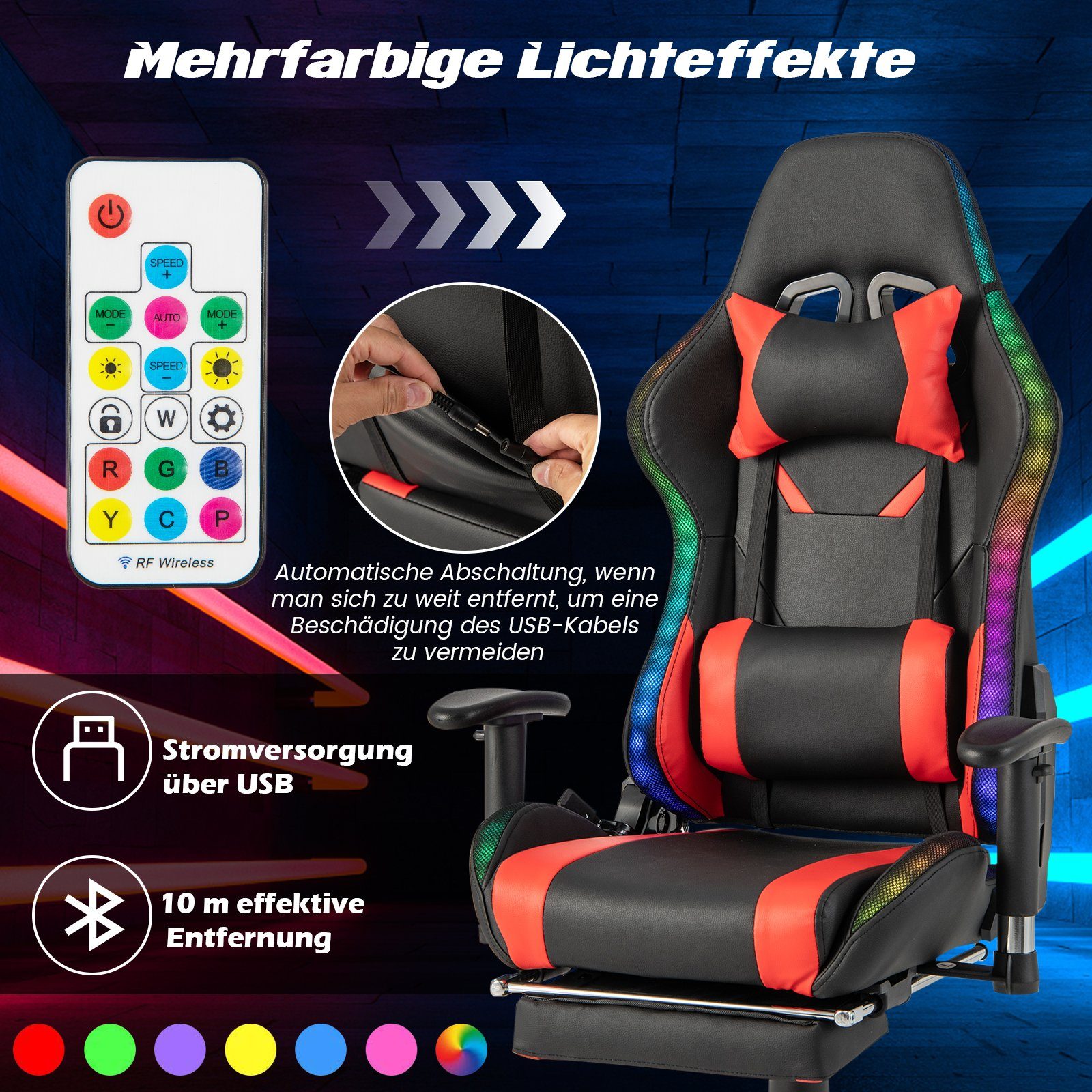 COSTWAY Gaming-Stuhl, mit Fußstütze, RGB-LEDs, verstellbarer Rücklehne, 160kg
