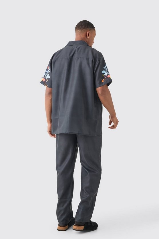 Leinen-Look Hemd mit floralem Saum & Hose