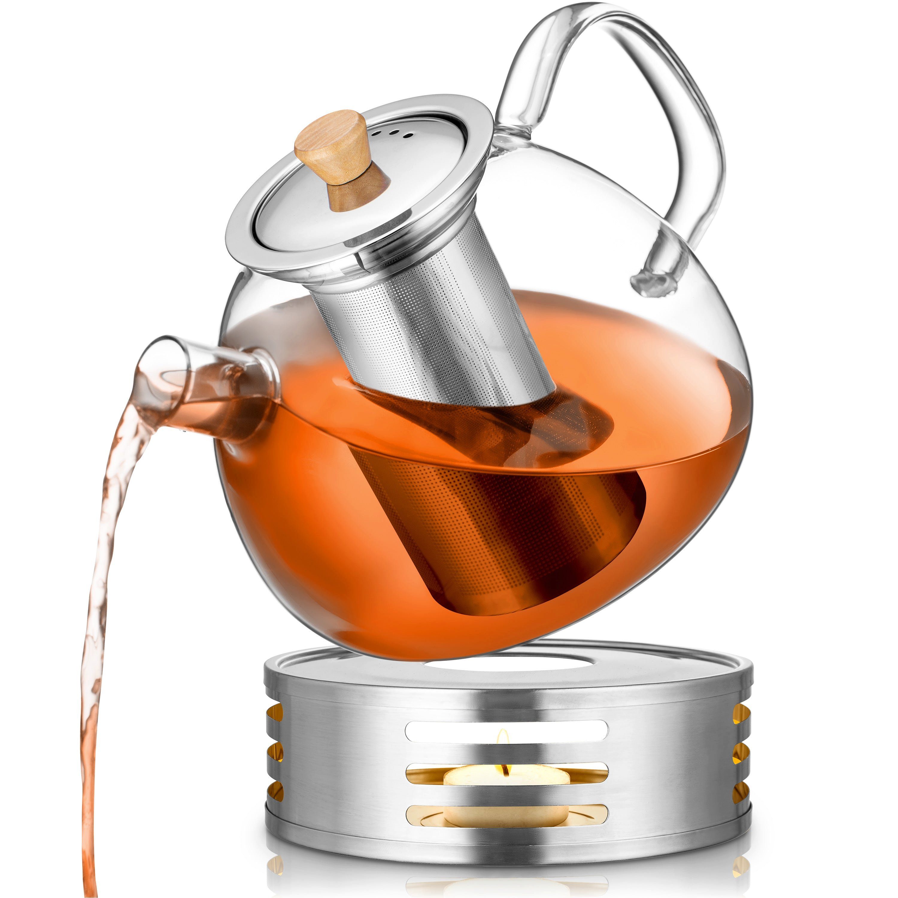 PORADA Teekanne Teekanne aus Glas 1000 ml Edelstahl Erhitzer Teesieb, Tee Teekocher, 1 l, (Set, x1 Tekanne 1000ml, x1 Erhitzer, x1 Teesieb, x1 Deckel), handarbeit, extra Erhitzer, Stövchen, Edelstahl, Borosilikatglas