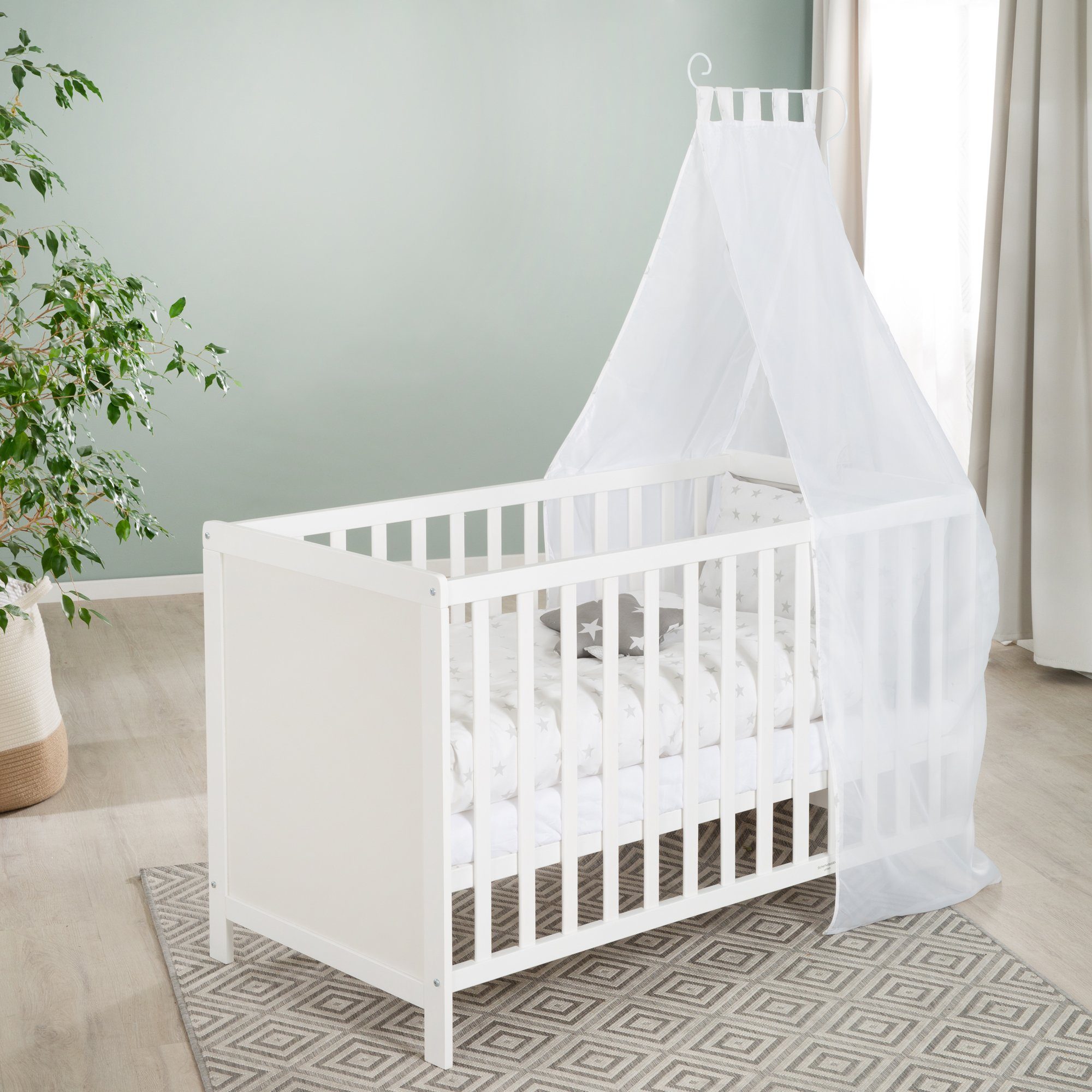roba® Babybett Multifunktionsbett mit Beistellfunktion, 7-tlg., Lattenrost, Matratze, Nestchen, Bettverkleinerer, Himmel, Himmelstange
