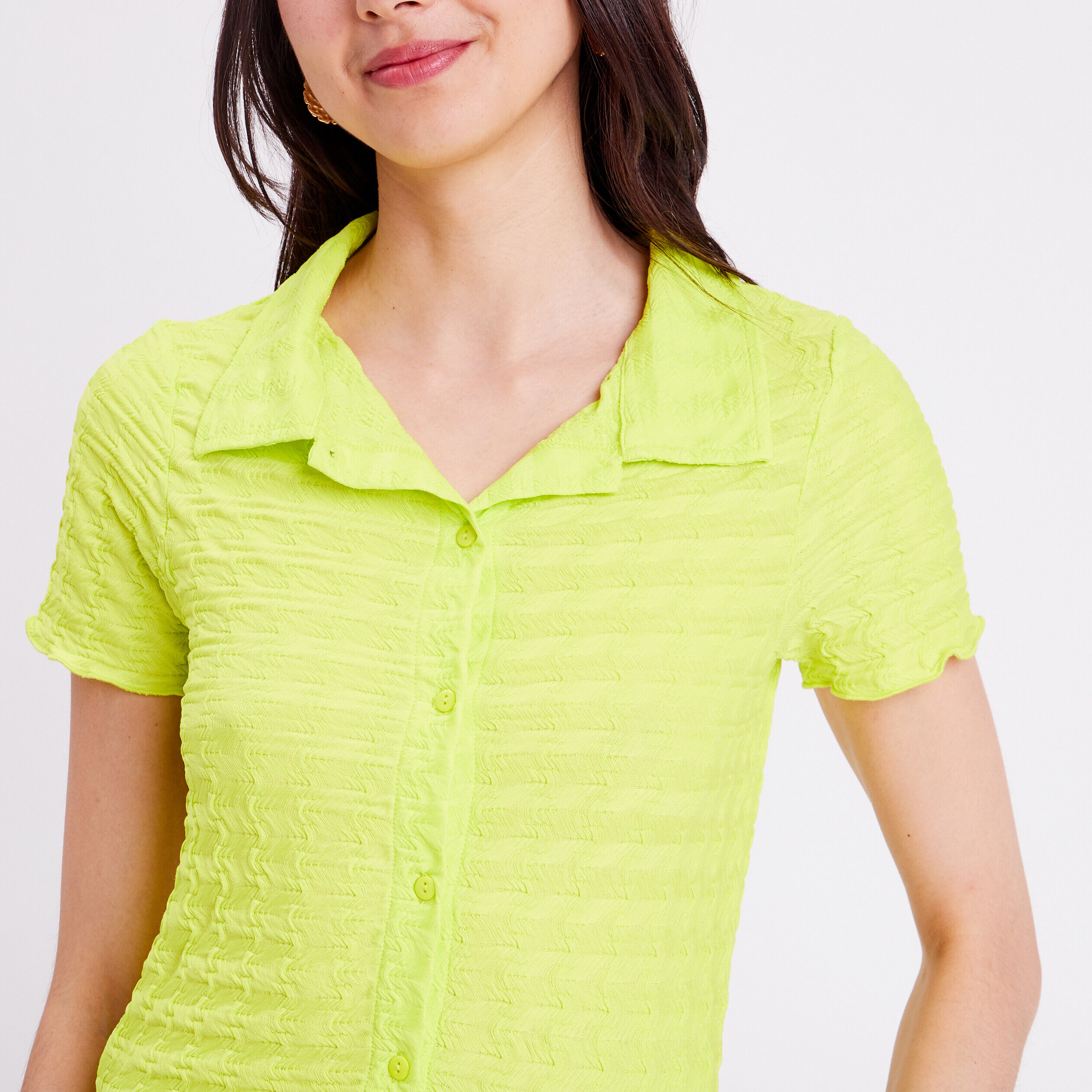 Blouse manches courtes gaufré jaune citron femme | Cache Cache