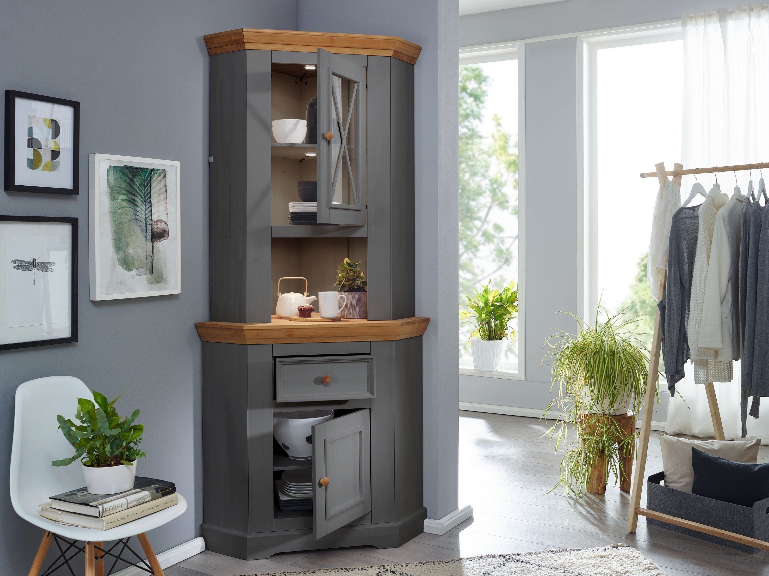 möbelando Buffet WZ-0133 (BxHxT: 104x214x69 cm) aus Kiefer massiv in grau mit einer Schublade und 2 Türen