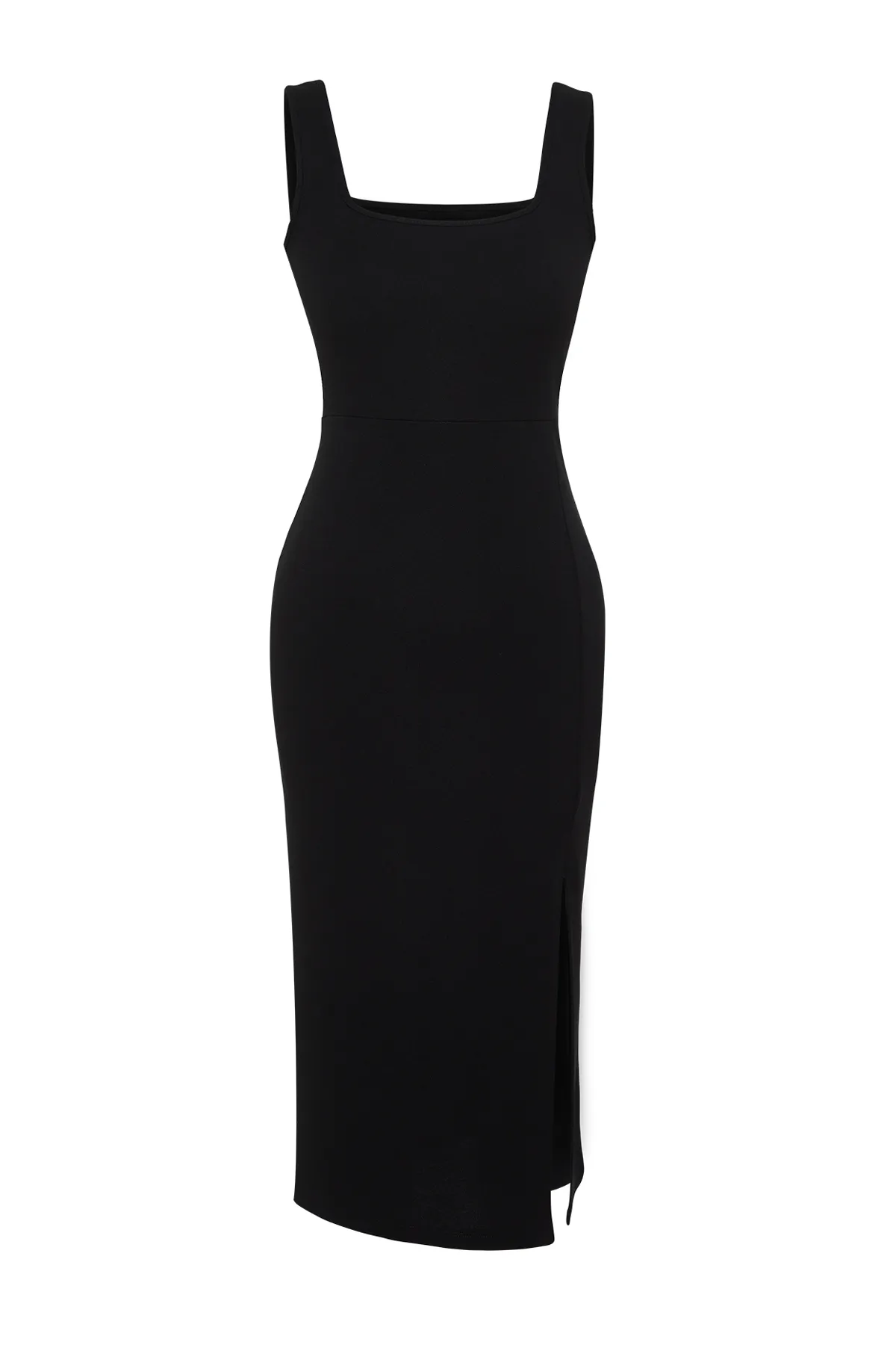 Trendyol Collection  Schwarzes, figurbetontes Midi-Bleistiftkleid aus flexiblem Strick mit Schlitz und quadratischem Kragen TWOSS24EL00679