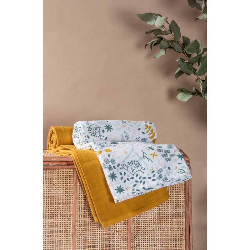 Set de 2 langes emmaillotage en Coton Bio à motifs Yukari