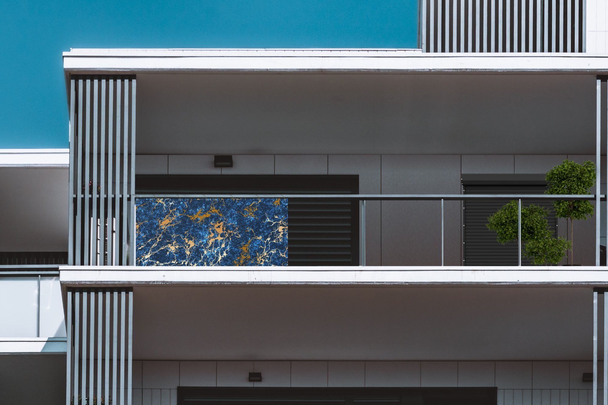 MuchoWow Balkonsichtschutz Marmor - Textur - Gold - Blau (1-St) Balkonbanner, Sichtschutz für den Balkon, Robustes und wetterfest