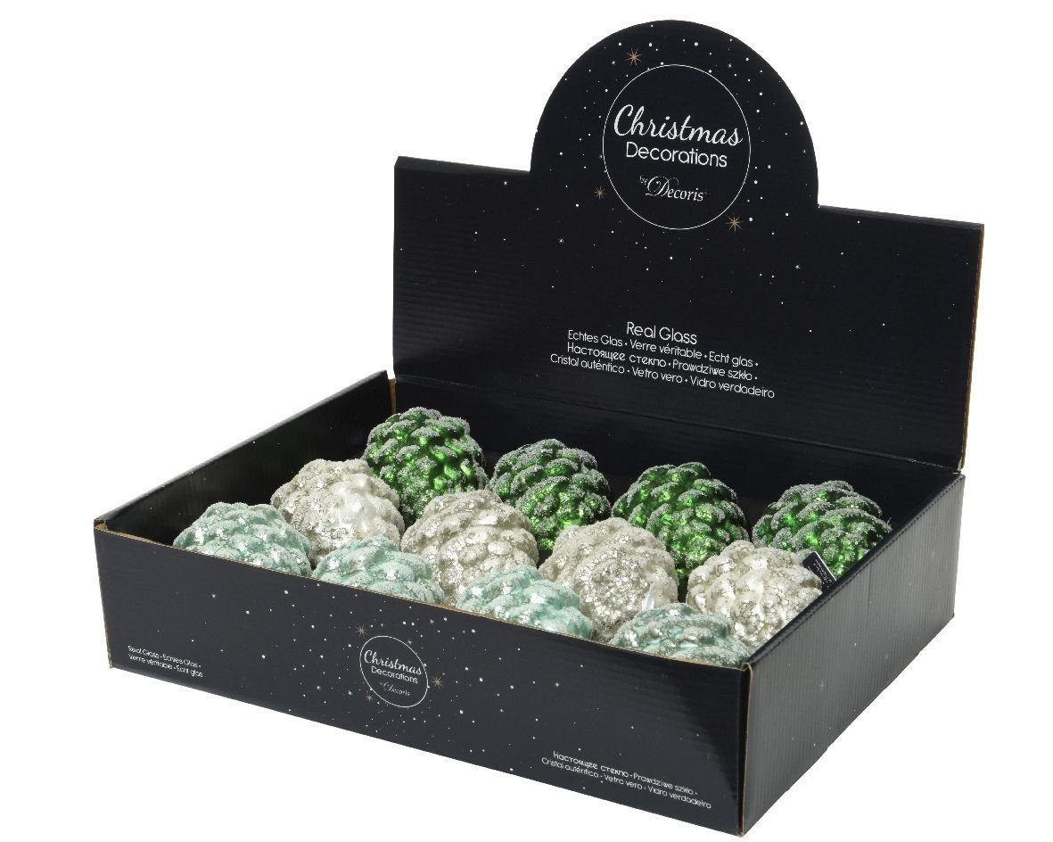 Decoris season decorations Christbaumschmuck, Christbaumschmuck Zapfen grün Mix Glas 8cm 12er Set