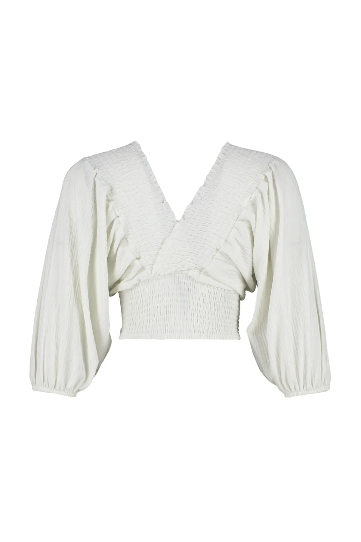 Trendyol Collection  Ecrufarbene, gerippte Ballonärmel, V-Ausschnitt, Wickel-/strukturierte kurze Strickbluse TWOSS23BZ00840
