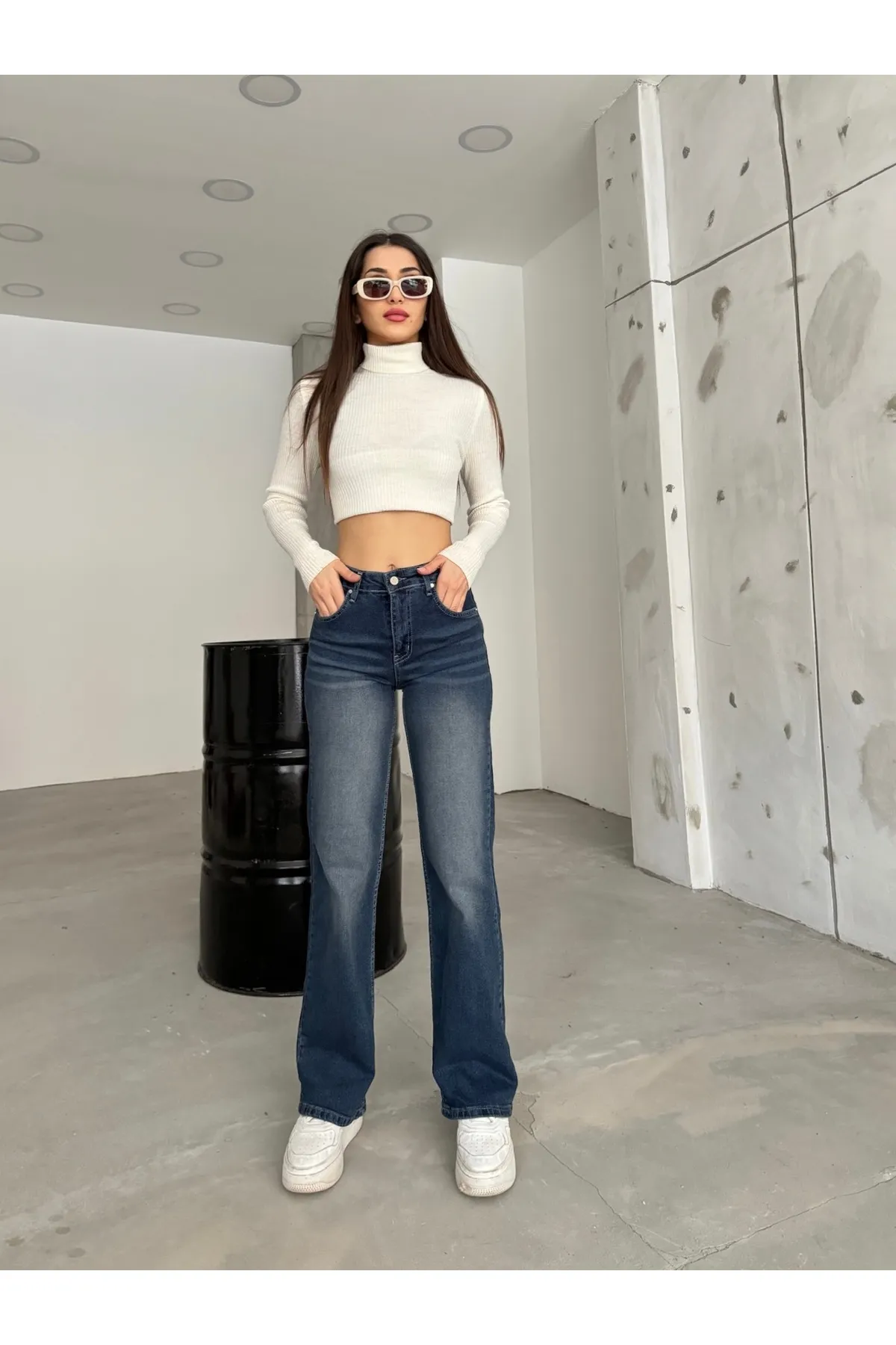 BİKELİFE  Damen Marineblaue, blasse Lycra-Jeans mit hoher Taille und weitem Bein, Salaş Palazzo Jeans