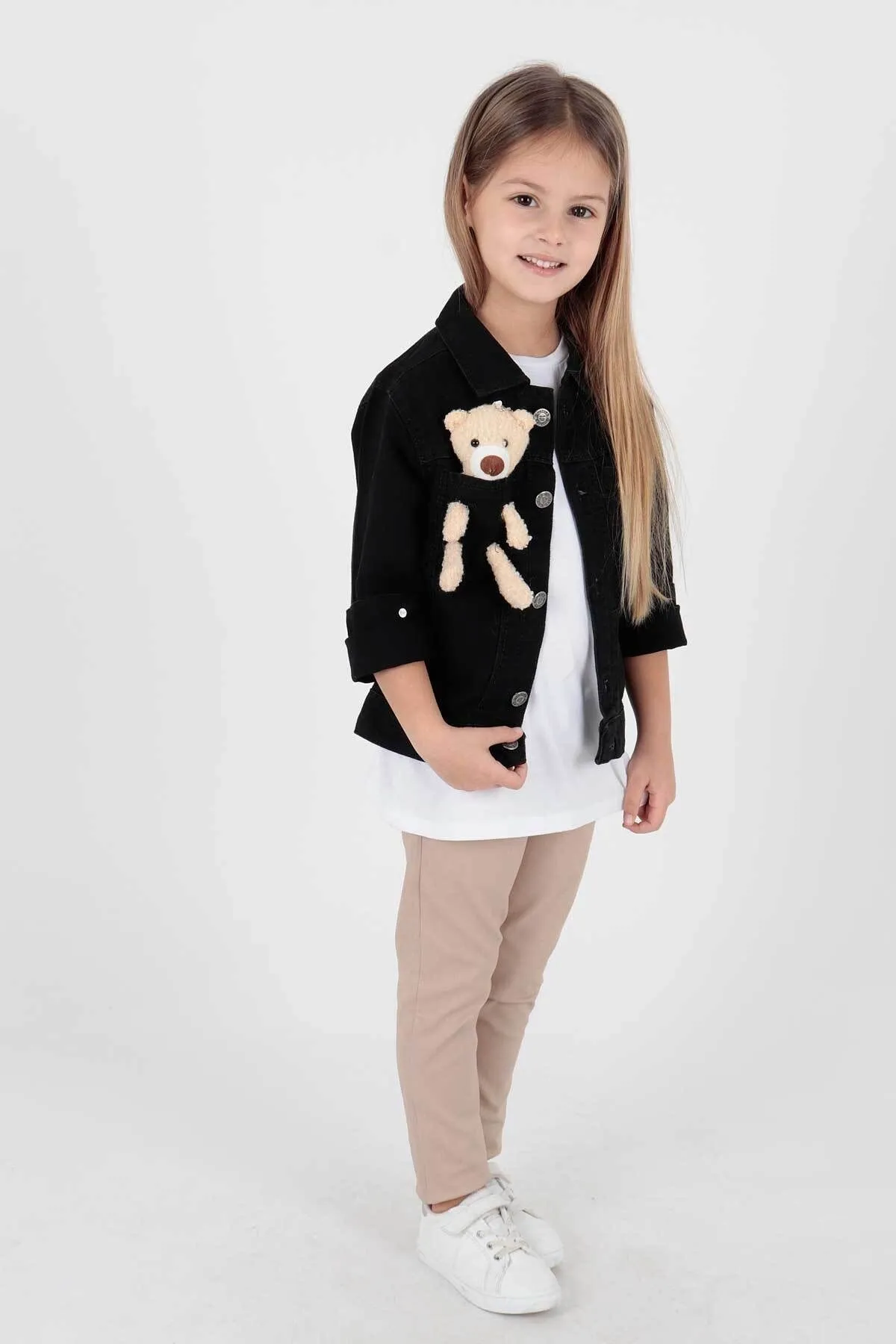 AHENGİM  Mädchen-Jeansjacke aus Baumwolle mit Teddybär-Motiv, lässig, modisch, Ak22176023