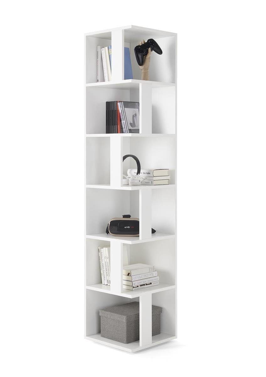 möbelando Eckregal Lasmos, Modernes Eckregal aus Spanplatte in Weiß mit 6 offenen Fächern. Breite 38 cm, Höhe 186 cm, Tiefe 38 cm
