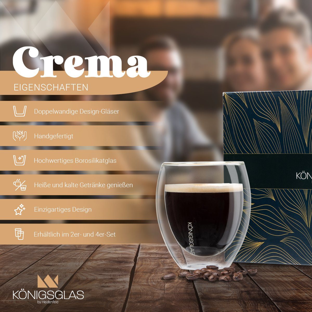 Königsglas Gläser-Set Crema doppelwandige Gläser 2/4er Glas Set 250 ml Cocktailgläser, Premium Swing Gläser aus Borosilikatglas, Trinkglas Kaffee Cappuccino Tasse Teeglas