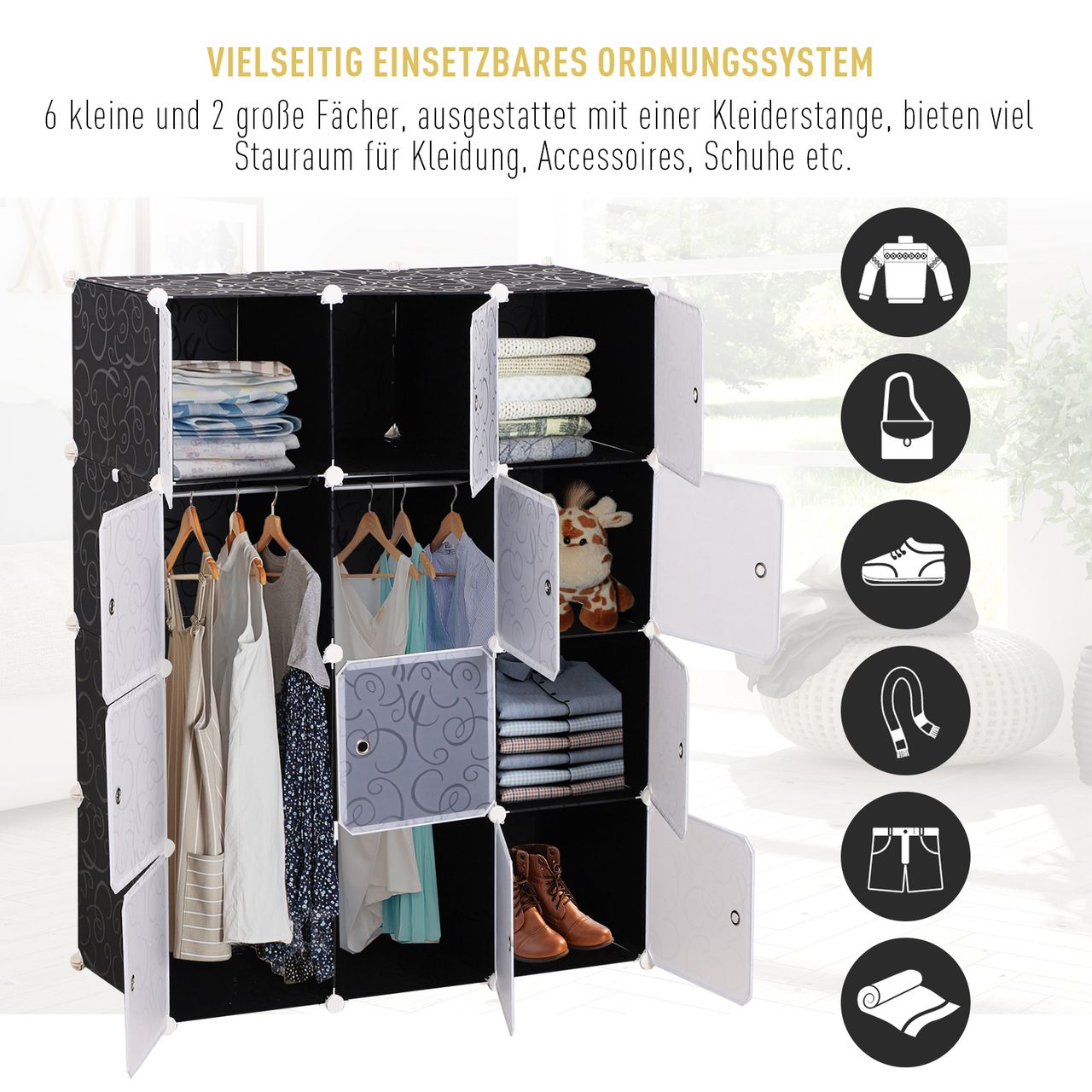 HOMCOM Kleiderschrank DIY Garderobe Regalsystem Steckregal Würfel Garderobenschrank mit Kleiderstange 2   6 Fächer aus PP Schwarz   Weiß 111 x 47 x 145 cm
