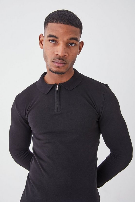 Tall langärmliges Muscle-Fit Poloshirt mit halbem Reißverschluss