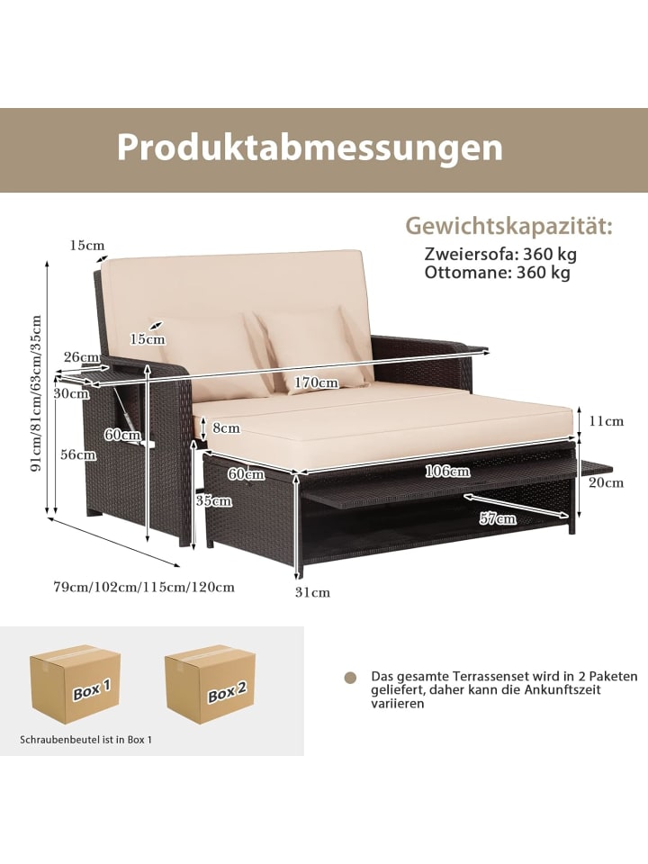 COSTWAY 2 Sitzer Sofa mit Ottomane in Braun günstig kaufen onesize