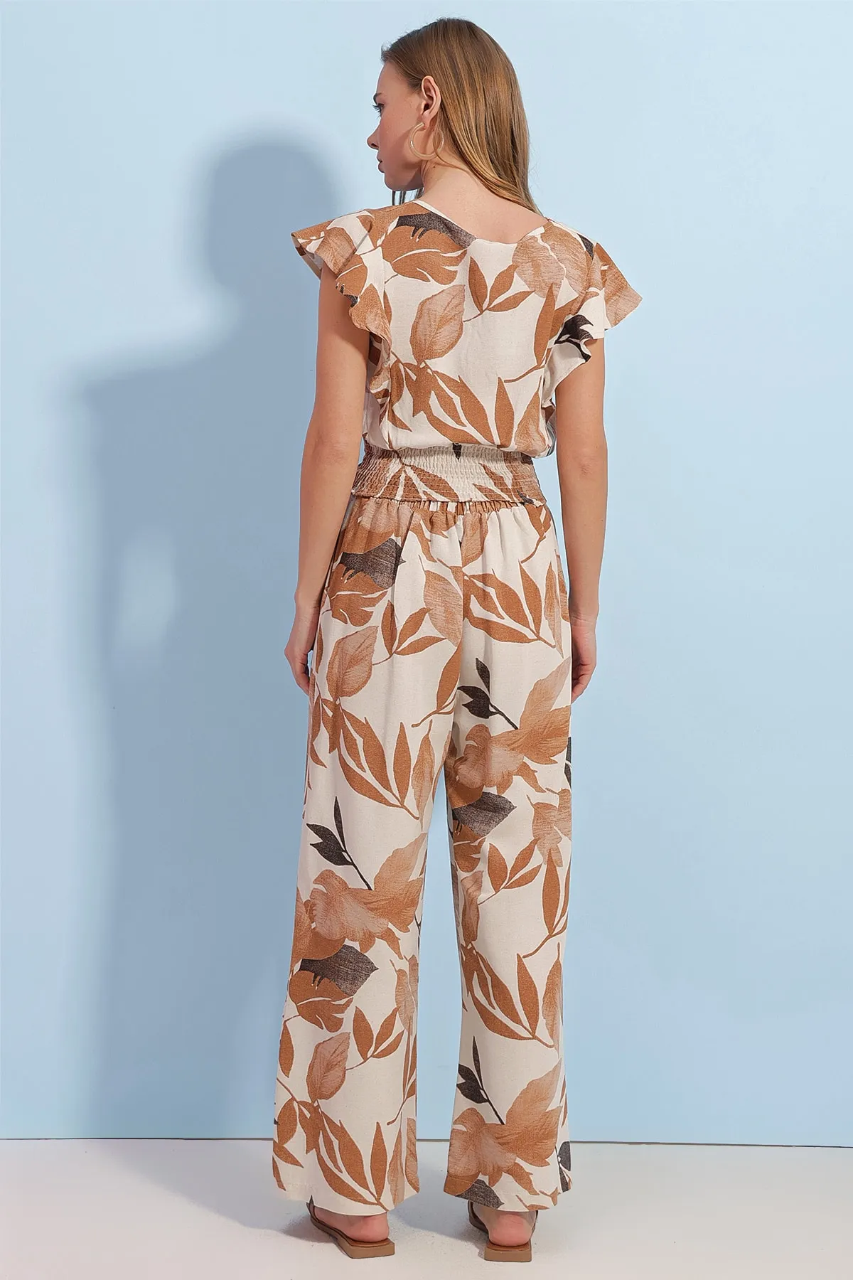 Pattaya  Damen-Set mit floral gemustertem Gipe-Detail-Unterteil und Oberteil aus Leinen P23s191-1342