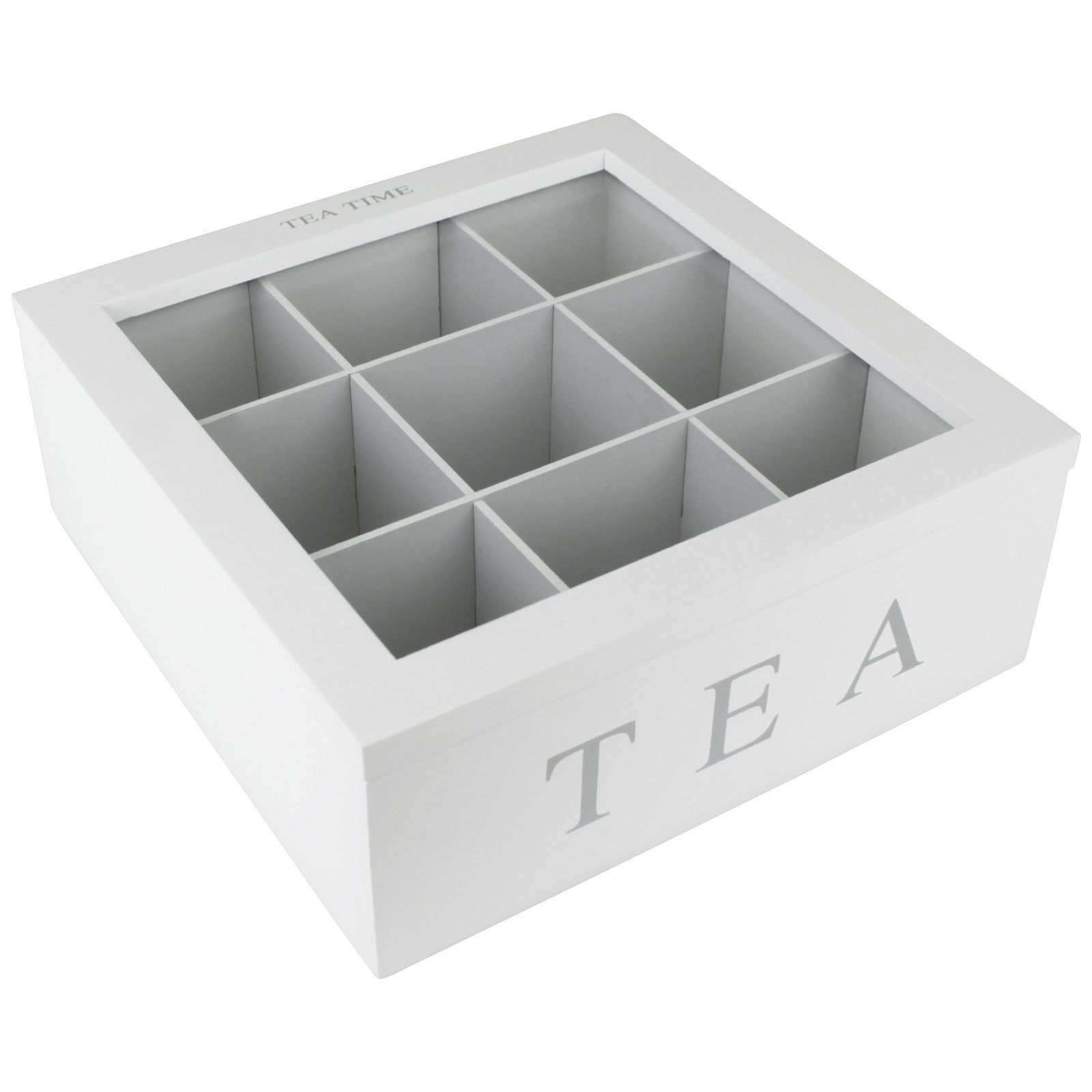 Koopman Teebox Teebeutelbox 9 Fächer Weiß Teekiste Teedose Teekasten Tee-Box Holz Box, Tee Aufbewahrung Teebeutel Kiste Aufbewahrungsbox Teebeutelkiste