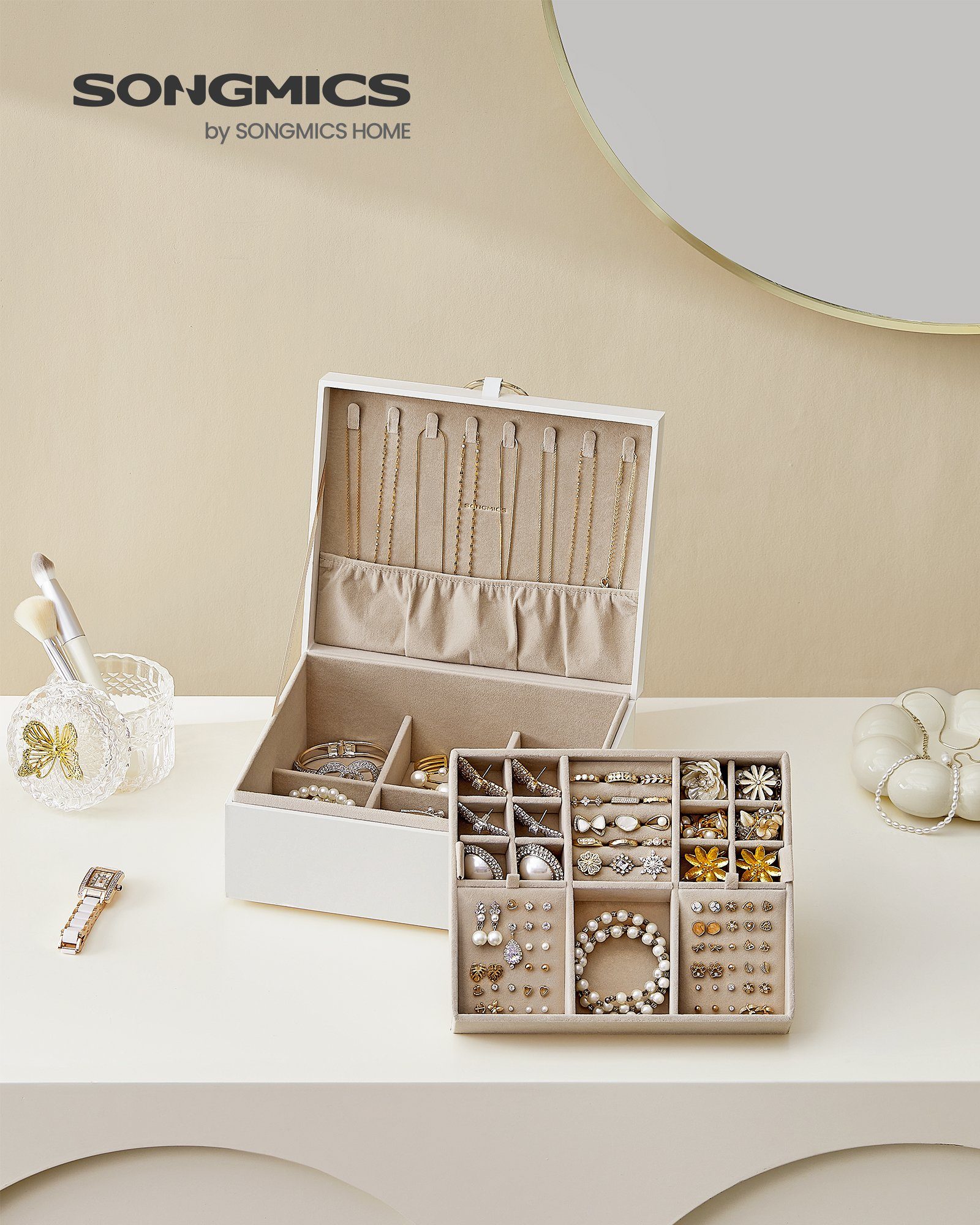 SONGMICS Schmuckkasten, 2 Ebenen, Schmuckkasten mit Griff, Schmuckbox