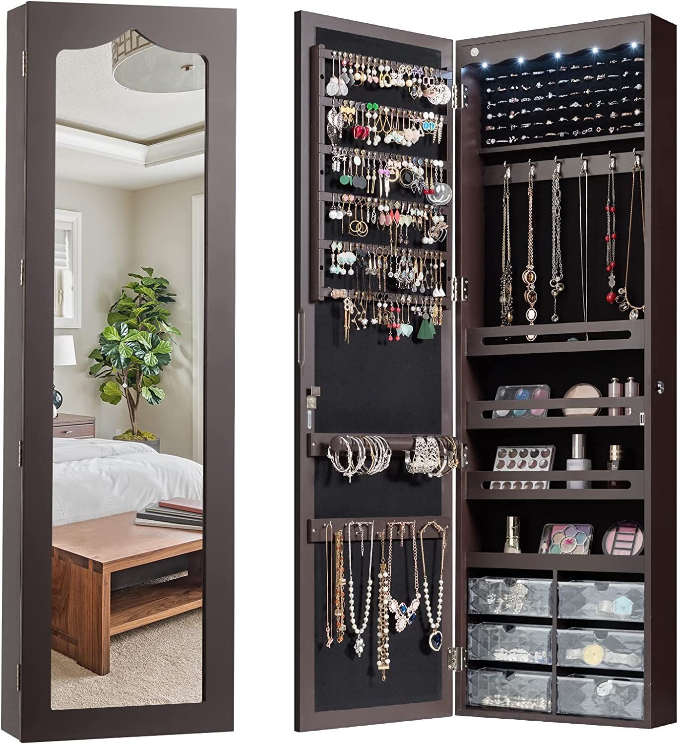 KOMFOTTEU Schmuckschrank Schmuckregal mit LED-Beleuchtung & Schubladen, Braun